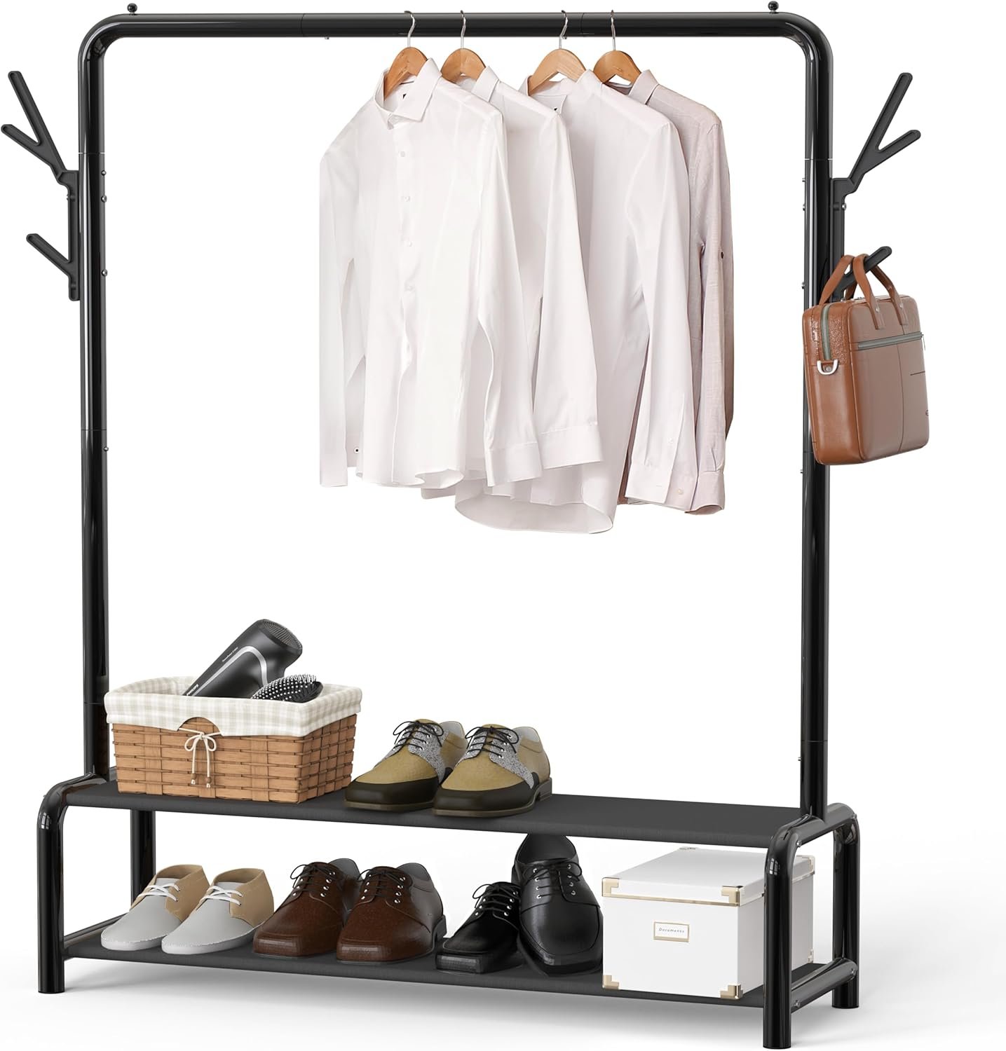 Simple Houseware 52-Inch Freestanding Closet Garment Rack with Storage Shelves and Coat/Hat Hooks, Black