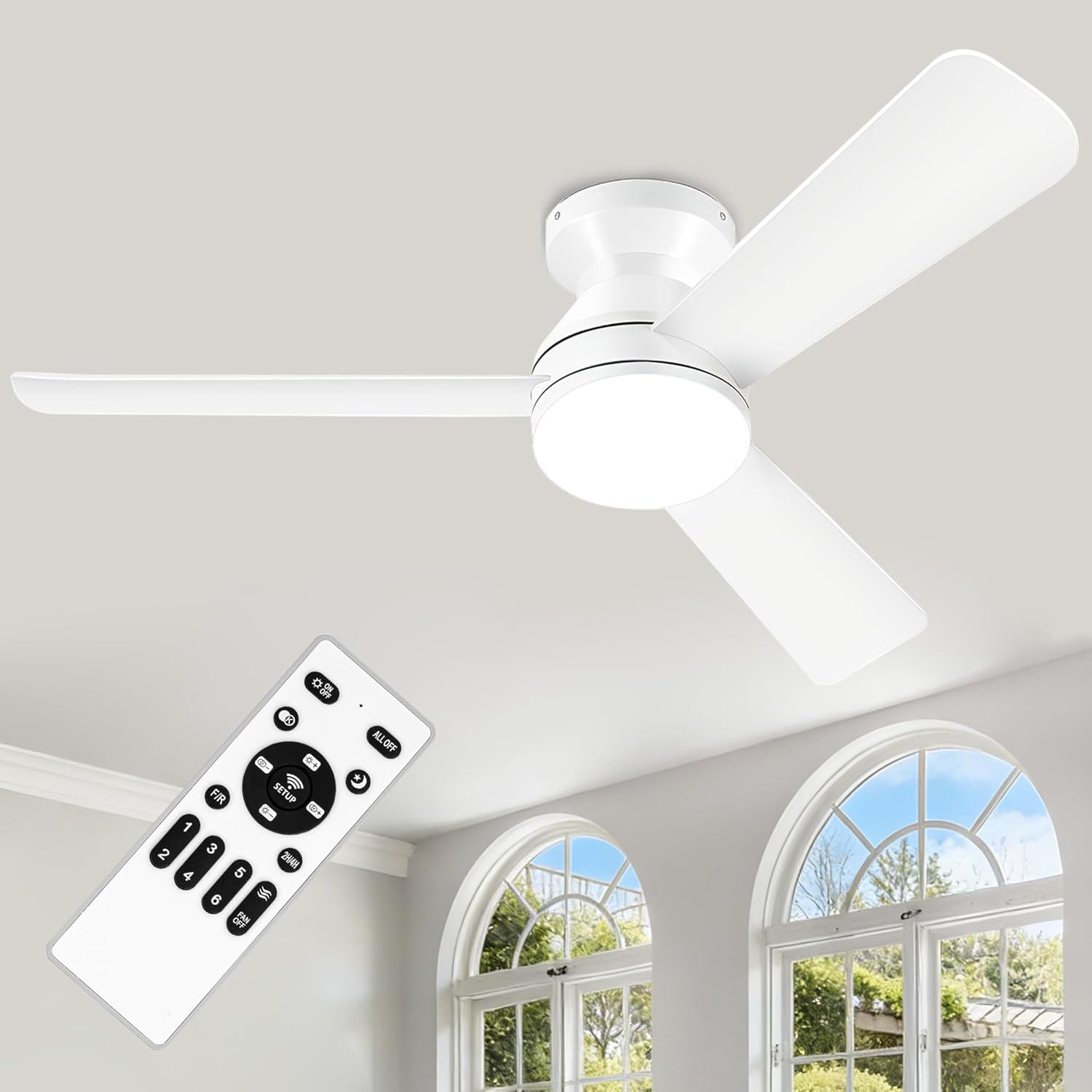 Ceiling Fans with Lights – 42 Inch Low Profile Ceiling Fan with Light and Remote Control, Reversible, 3CCT Dimmable, Noiseless, White Small Flush Mount Ceiling Fan for Bedroom Indoor/Outdoor