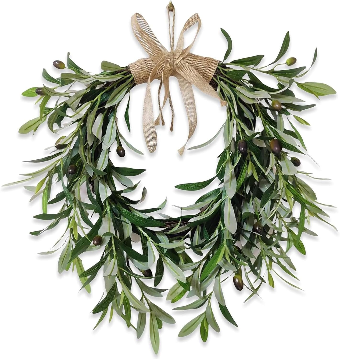 22″ Heart Shaped Artificial Olive Leaf & Fruit Wreath – Realistic Green Olive Branches with Spring Floral Accents, Farmhouse Wall Door Wedding Arch Window Hanging for Indoor Outdoor Garden Decor (1)