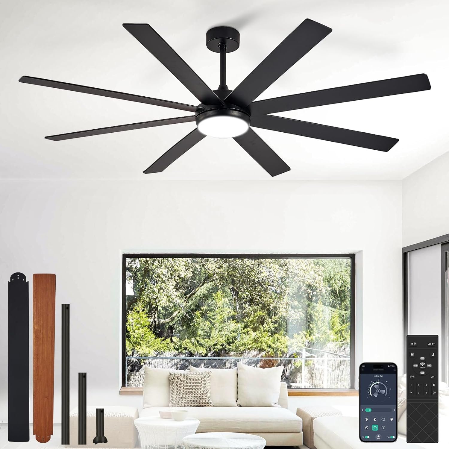 Depuley 66″ Ceiling Fans with Lights: Black Indoor/Outdoor Ceiling Fan for Patios Living Room – 8 Blades Dimmable Large Ceiling Fans with Remote APP Control Timer Reversible Quiet DC Motor 6 Speeds