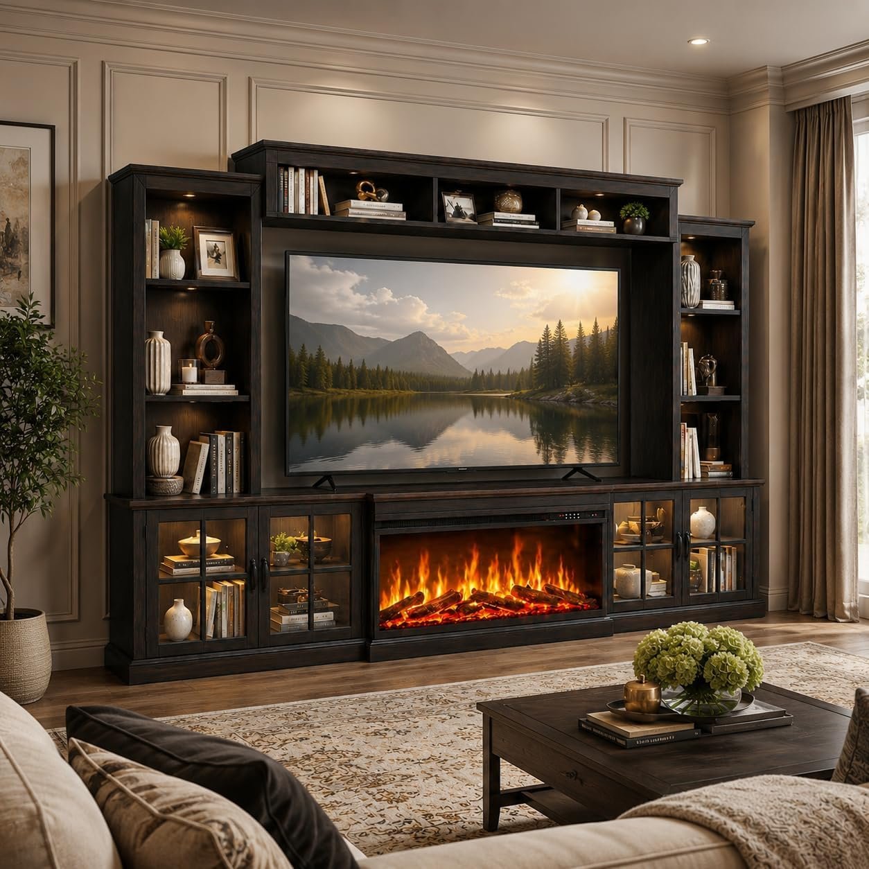 Black Farmhouse TV Stand with Fireplace, Entertainment Center, 98″ Wall Unit Media Console with Bookshelf, Cabinet & Power Outlets & Barn Doors, Fits TVs Up to 75” for Living Room
