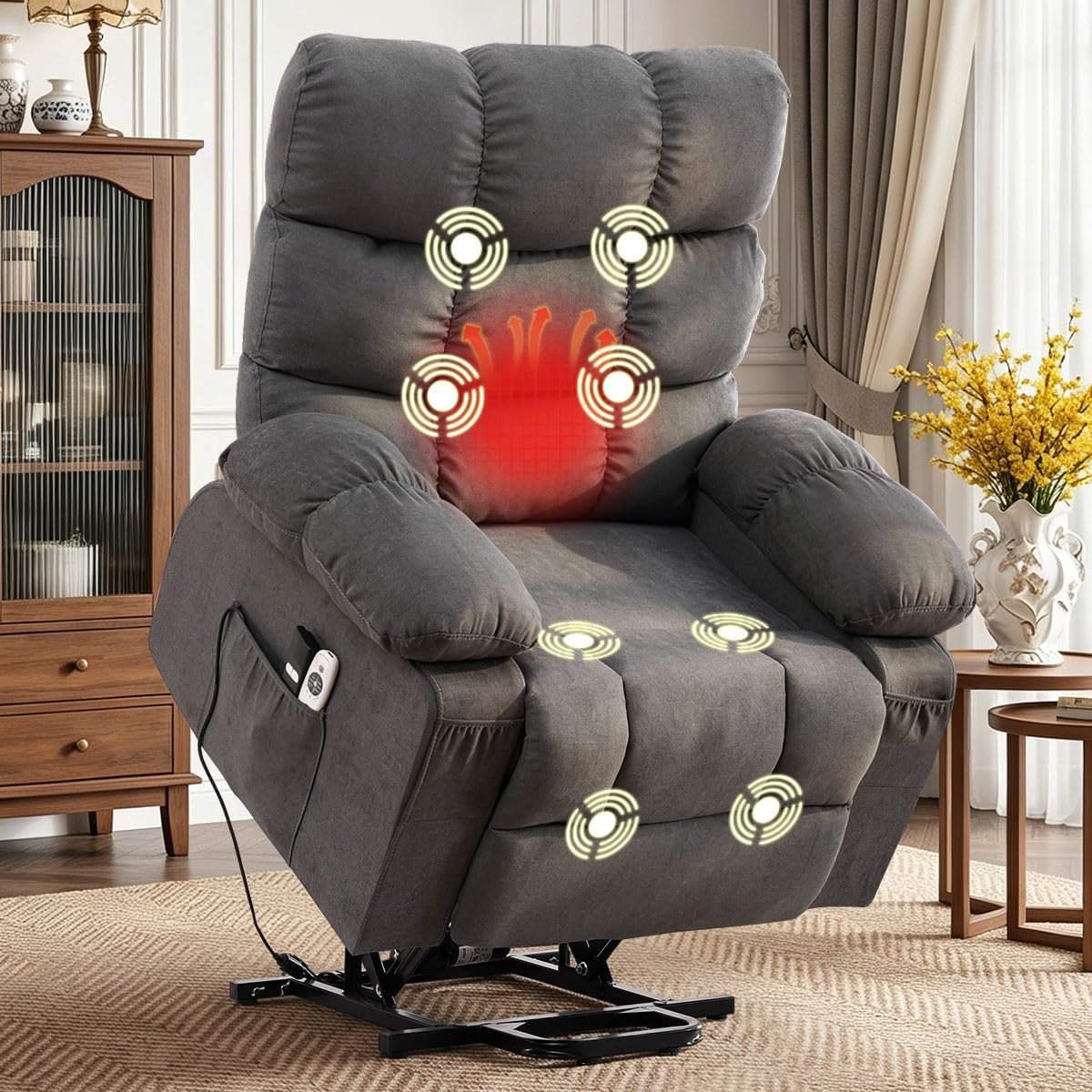 BOSMILLER Electric Power Lift Recliner Chair Sofa with Massage and Heat for Elderly,Lift Chair with Front Pocket & Side Pockets for Living Room