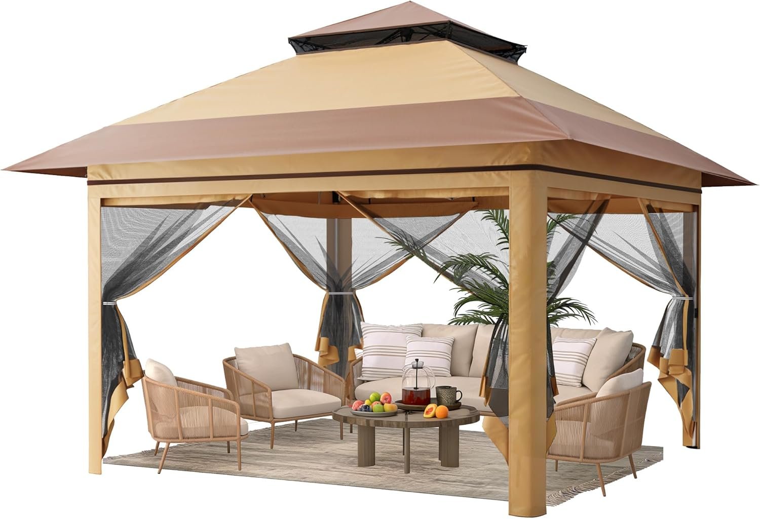 Driftalia 13×13 Pop Up Gazebo, Instant Outdoor Gazebo with Mosquito Netting, Vented Roof and Carry Bag for Patio, Garden & Backyard – Beige & Coffee