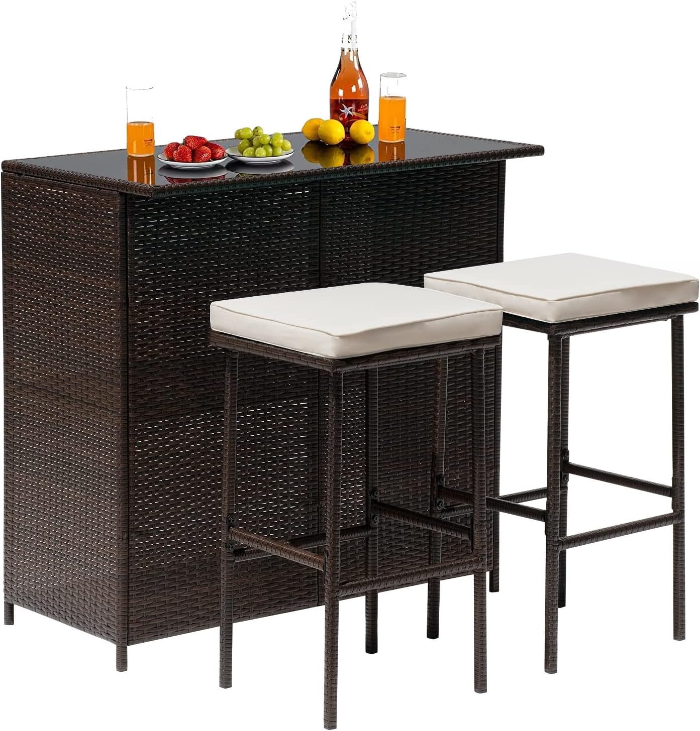 Wicker Patio Furniture 3 Piece Patio Bar Table Set Chairs Wicker Outdoor Rattan Bistro Set Glass Top Table and Two Stools for Yard or Backyard
