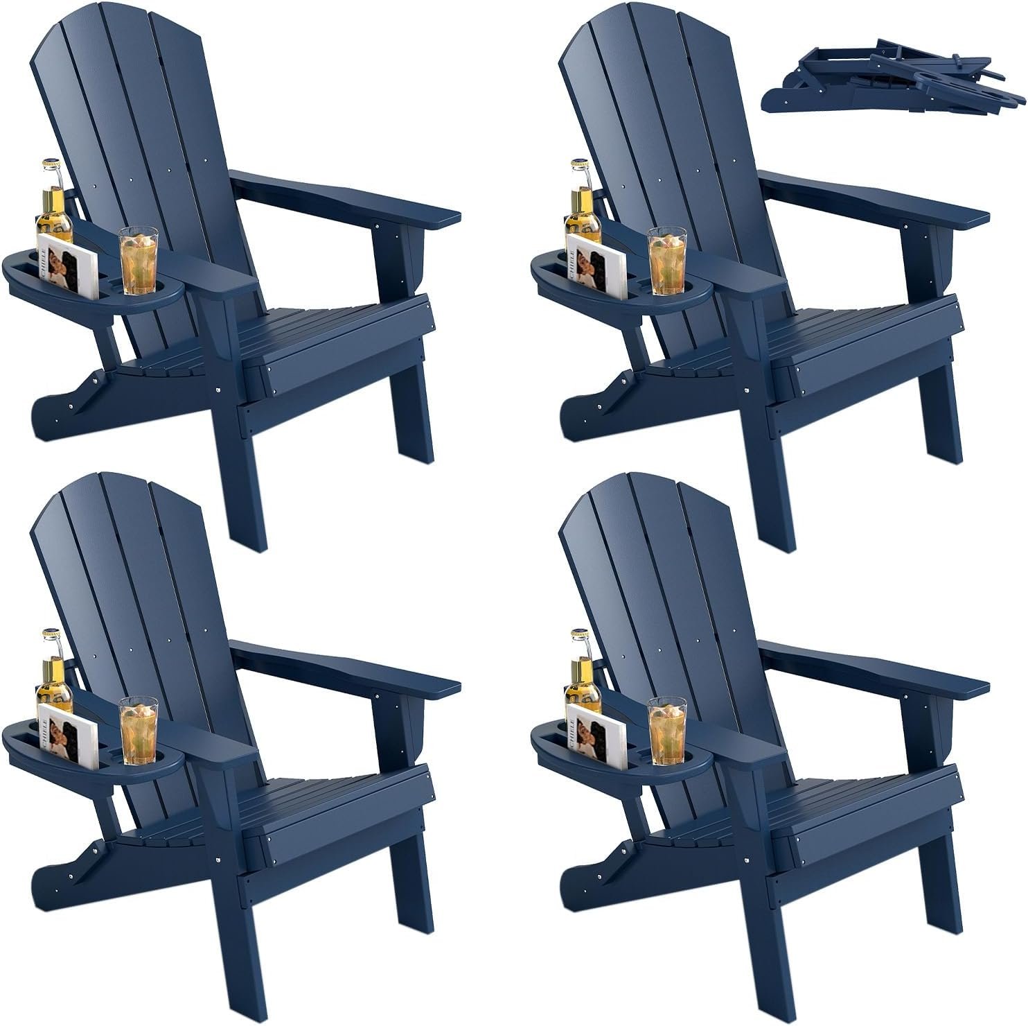 FOOWIN Folding Adirondack Chair Set of 4, HDPE Adirondack Chairs with Cup Holder, Weather Resistant Plastic Fire Pit Chairs for Outdoor, Patio, Lawn, Garden, Backyard, Deck, Dark Blue