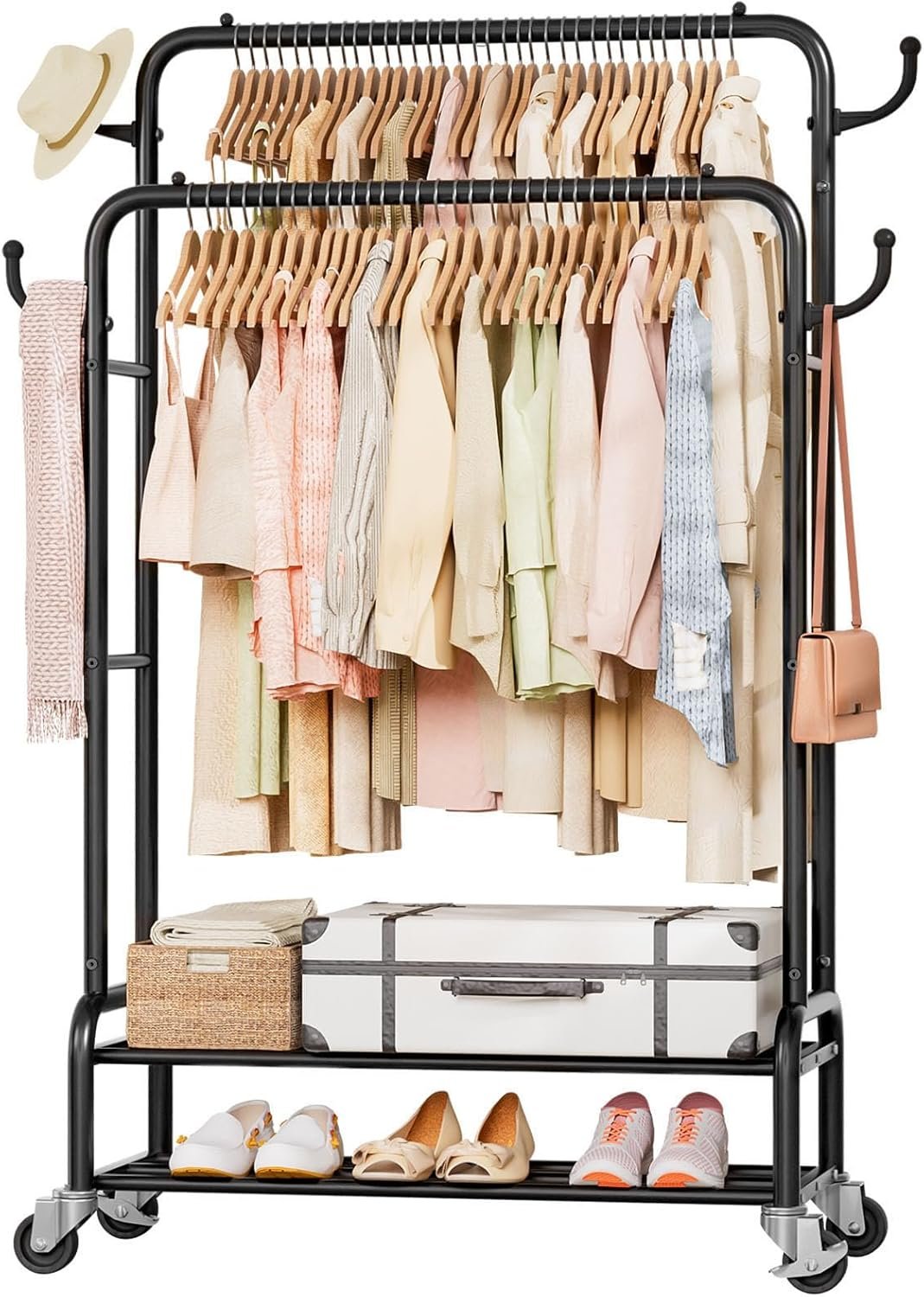 Homde Heavy Duty Clothes Rack: 265lb Rolling Double Rod Garment Hanging – Metal Coat Organizer Storage Display Shelf on Wheels for Bedroom Laundry
