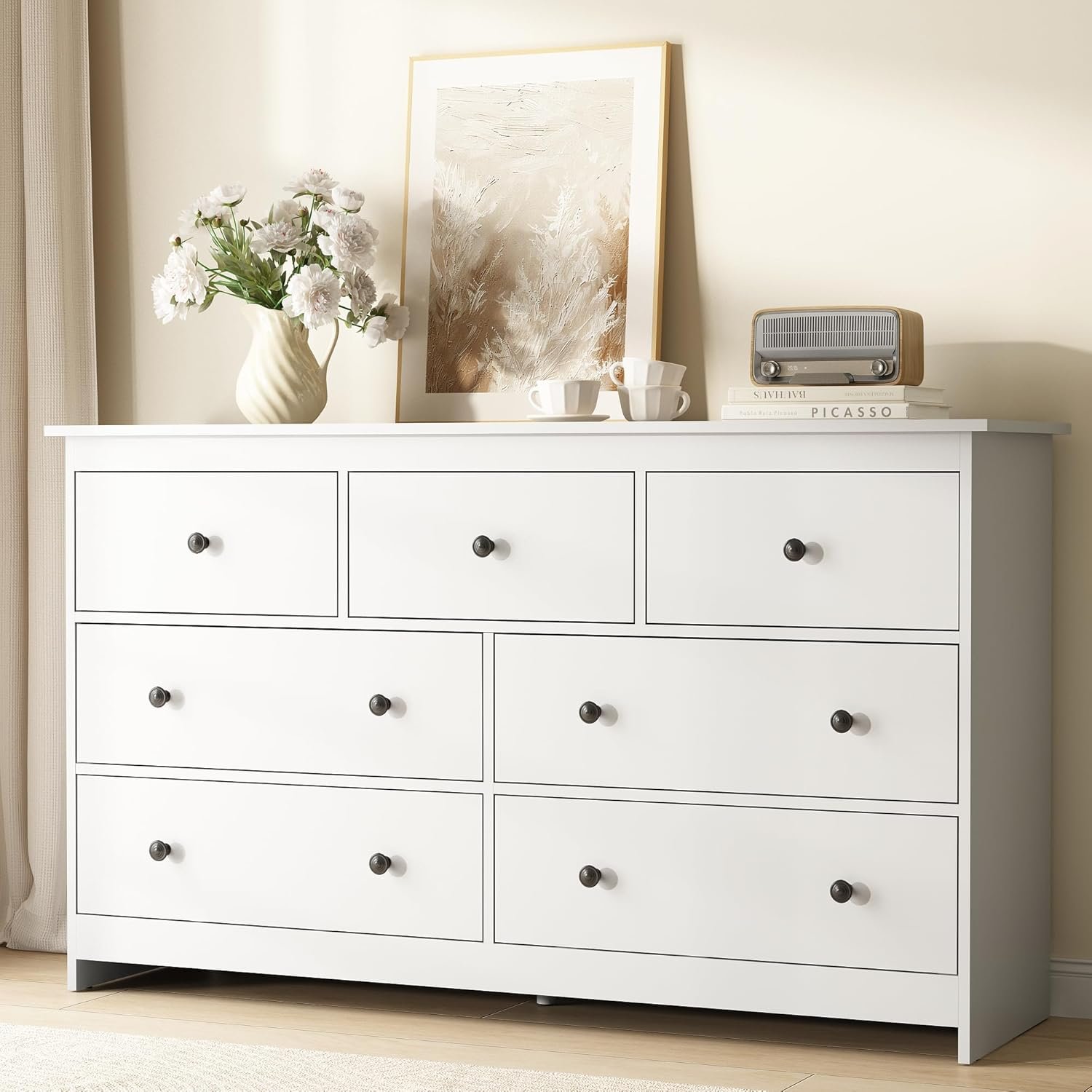 CARPETNAL White Dresser for Bedroom, 7 Drawer Dresser 55” Wide Wood Chest of Drawers with Metal Handles, TV Stand, Furniture Storage Dressers Organizer for Living Room, Entryway, Hallway