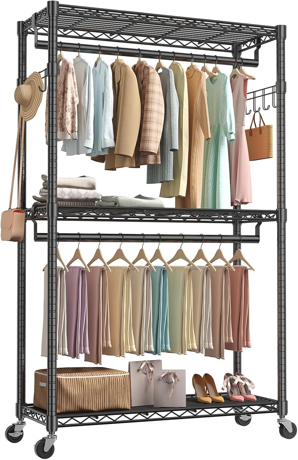 OLIXIS Clothes Rack Heavy Duty Adjustable Garment Clothing Rack with Wheels, Rolling Metal Freestanding Closet Organizer for Hanging Clothes with 2 Side Hooks, Double Rods, 47″x17″x80″, Black