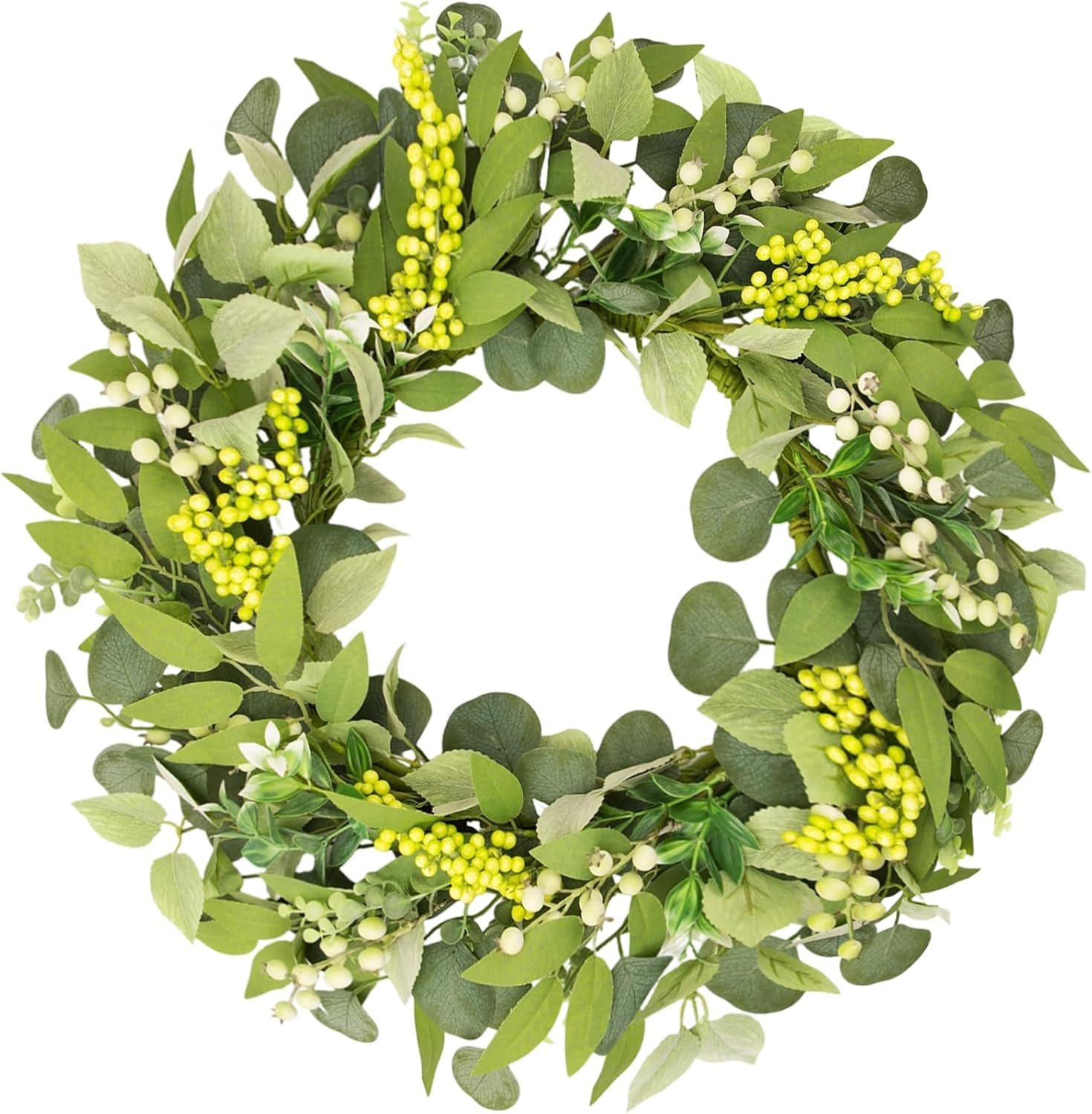 20 Inch Greenery Wreath for Front Door, Artificial Eucalyptus & Olive Leaf Wreath with Lamb’s Ear Leaves & Yellow White Berries, Farmhouse Year Round Wreath for Porch Wall Window Home Decor