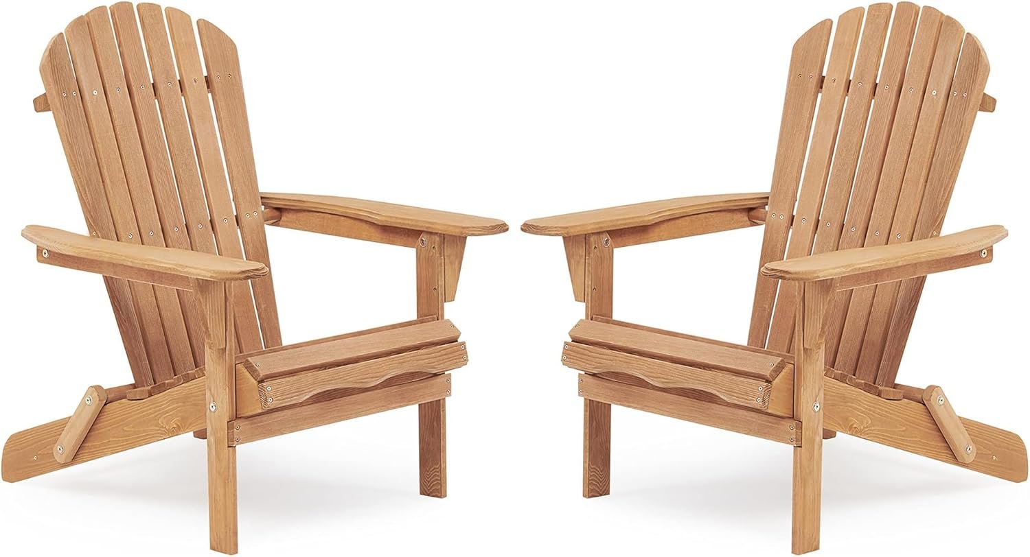 Folding Adirondack Chairs Set of 2 with Pre-Assembled BackRest, Solid Wood Outdoor Lawn Cair Lounge Patio Chair for Garden Backyard Porch Fire Pit, Brown