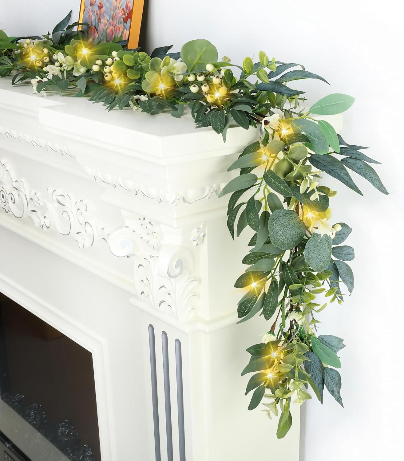 Artgar Eucalyptus Garland with Lights – 6 Ft Greenery Garland – Artificial Silver Dollar Olive Garlands, Spring/Summer Green Garlands for Indoor Outdoor Home Decor Wedding Arches Backdrops Table Decor