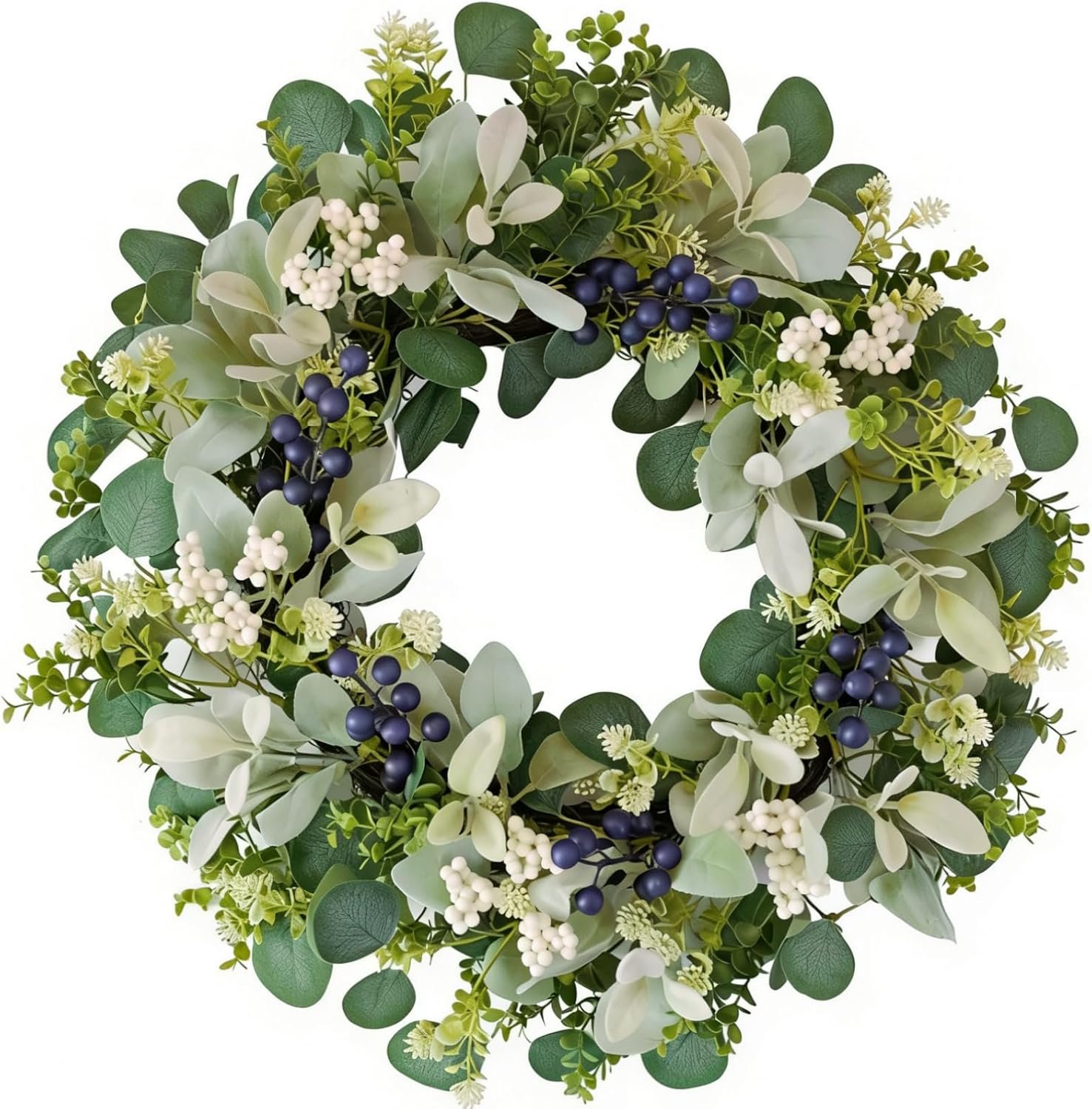 22 Inch Wreaths for Front Door, Green Spring Summer Wreath with Faux Lamb’s Ear, Eucalyptus Leaves, White & Blue Berries, and Blossoms – All-Season Porch, Wall, Home, Farmhouse Decor