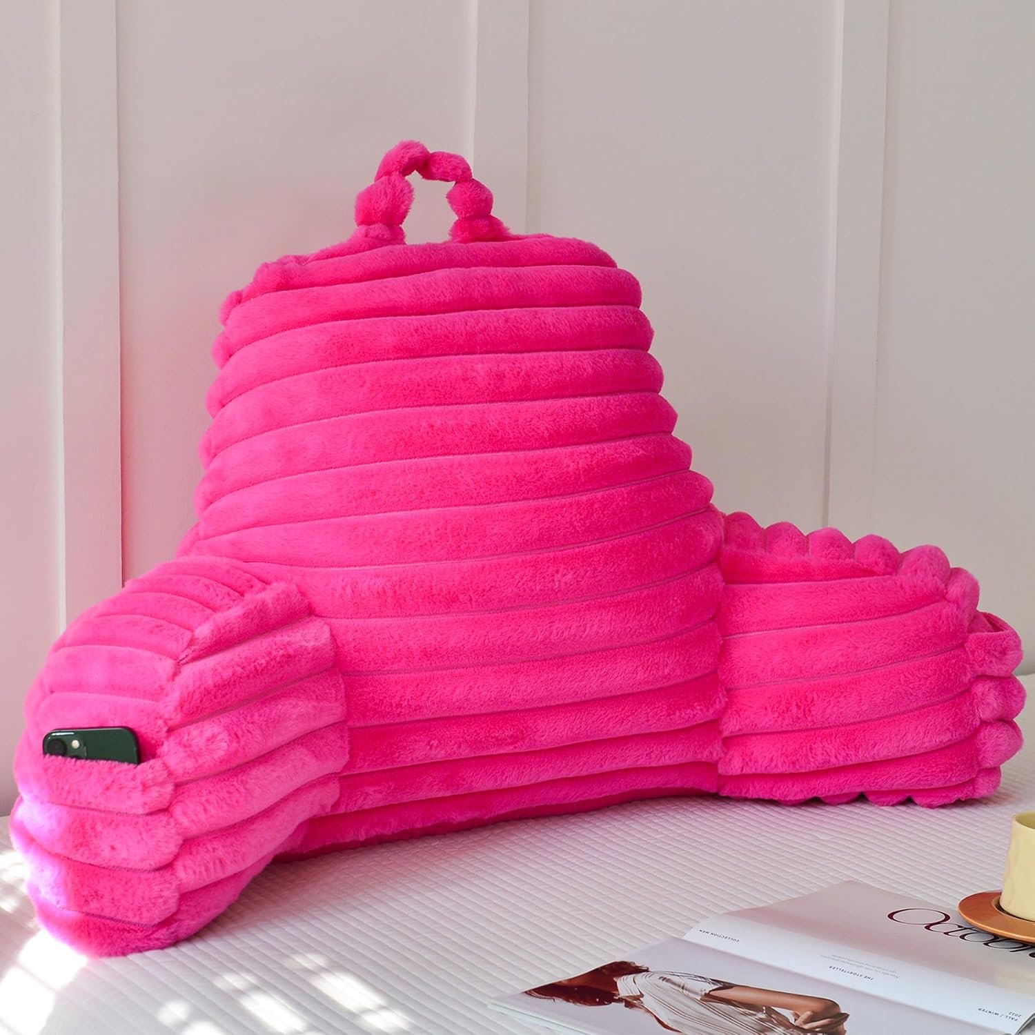 Large Reading Pillow for Adults, Back Support Pillow for Sitting Up in Bed with Arms, Couch for Lounging Bedrest, Hot Pink