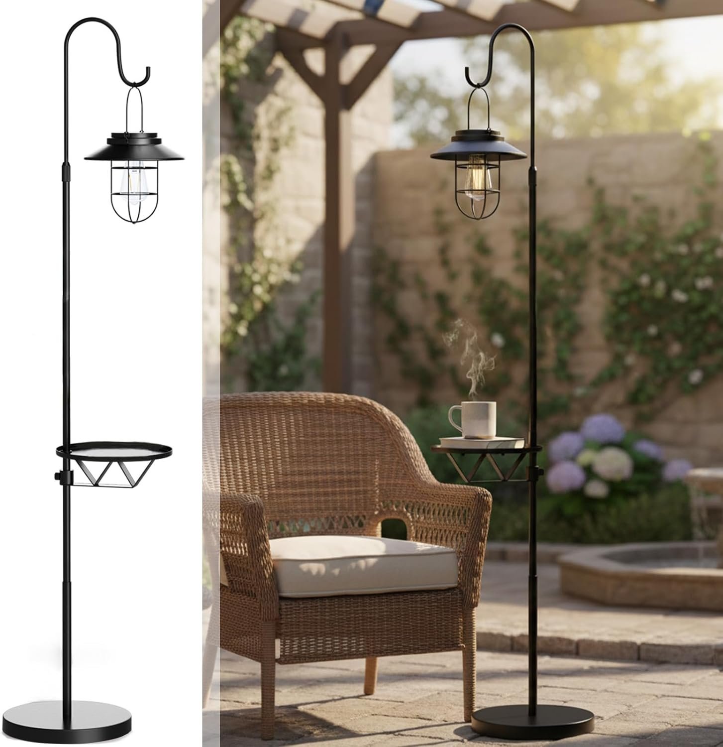 Kirschblüte Solar Floor Lamp with Table, 60″ Outdoor Shepherd Hook with Solar Light Waterproof Metal Side Table for Patio, Heavy Duty Solar Pole Light for Garden, Deck, Porch and Backyard Decor