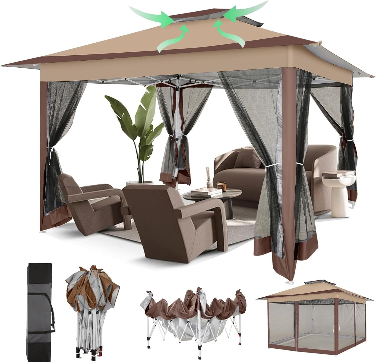 COBIZI 12×12 Pop Up Gazebos On Clearance – Upgrade Easy Up Metal Outdoor Gazebo Waterproof – Portable Gazebo with Mosquito Nettings, 4 Ropes 8 Stakes and Carry Bag for Patio Garden(Coffee)