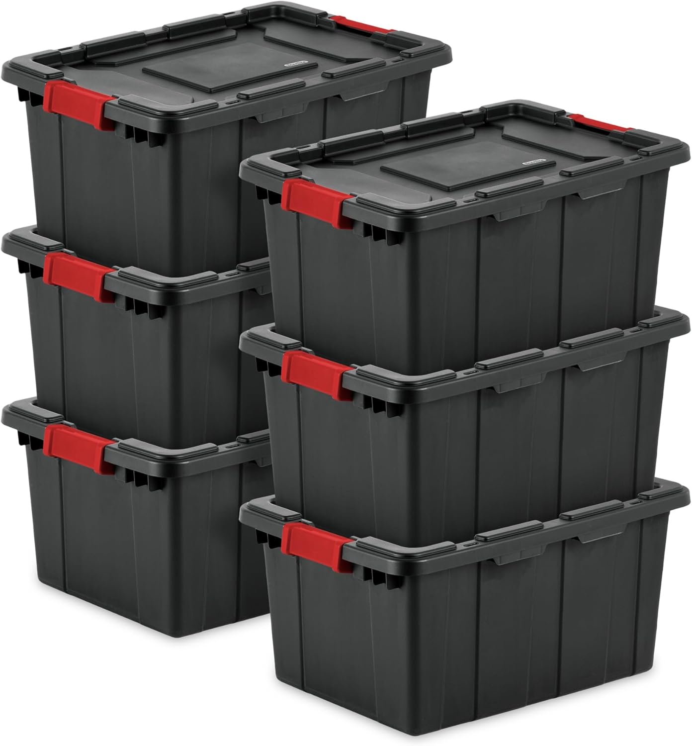 Sterilite 6-Pack Industrial Tote, Plastic Storage Bins with Lids, 15 Gallon, Black – Heavy-Duty Organizing Containers for Closet, Bathroom, and Office