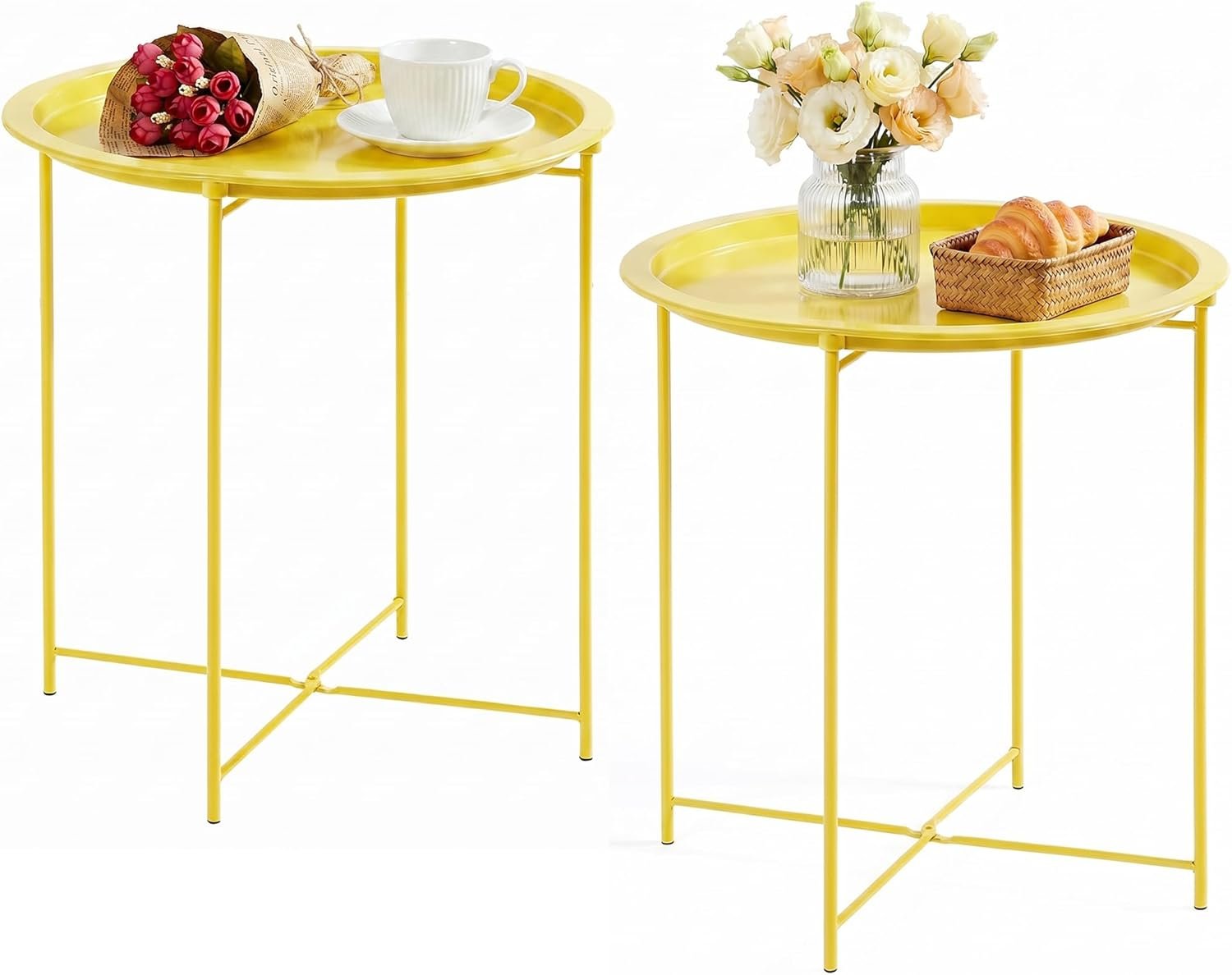 VECELO Side/End Table, Folding Round Metal Anti-Rust and Waterproof Outdoor or Indoor Tray for Living Room Bedroom Balcony and Office, 2 PCS, Yellow