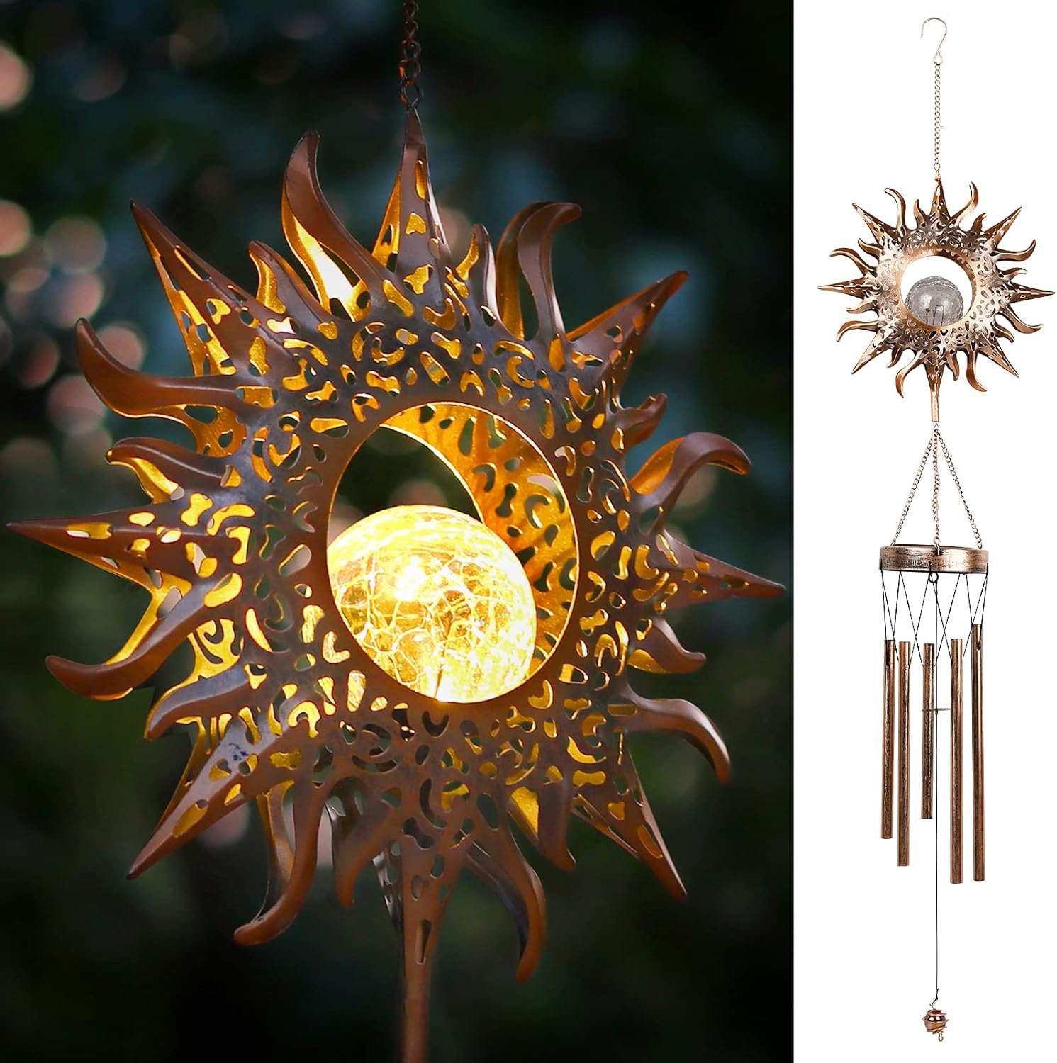 DesGully Solar Wind Chimes, Sun Wind Chime Outdoor Clearance w/Glowing Crackle Glass LED Unique Wind Bells for Outside Waterproof Chimes, Gifts for Her/Him (42″ Long Metal Chimes)…