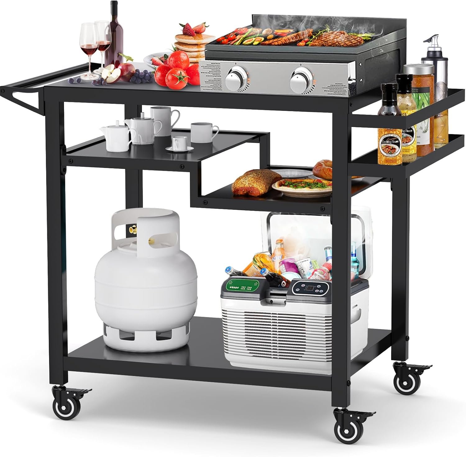 20″x 32″ Three-Shelf Movable Outdoor Dining Cart Table, Multifunctional Food Prep Stand, Outdoor Grill Table with Wheels