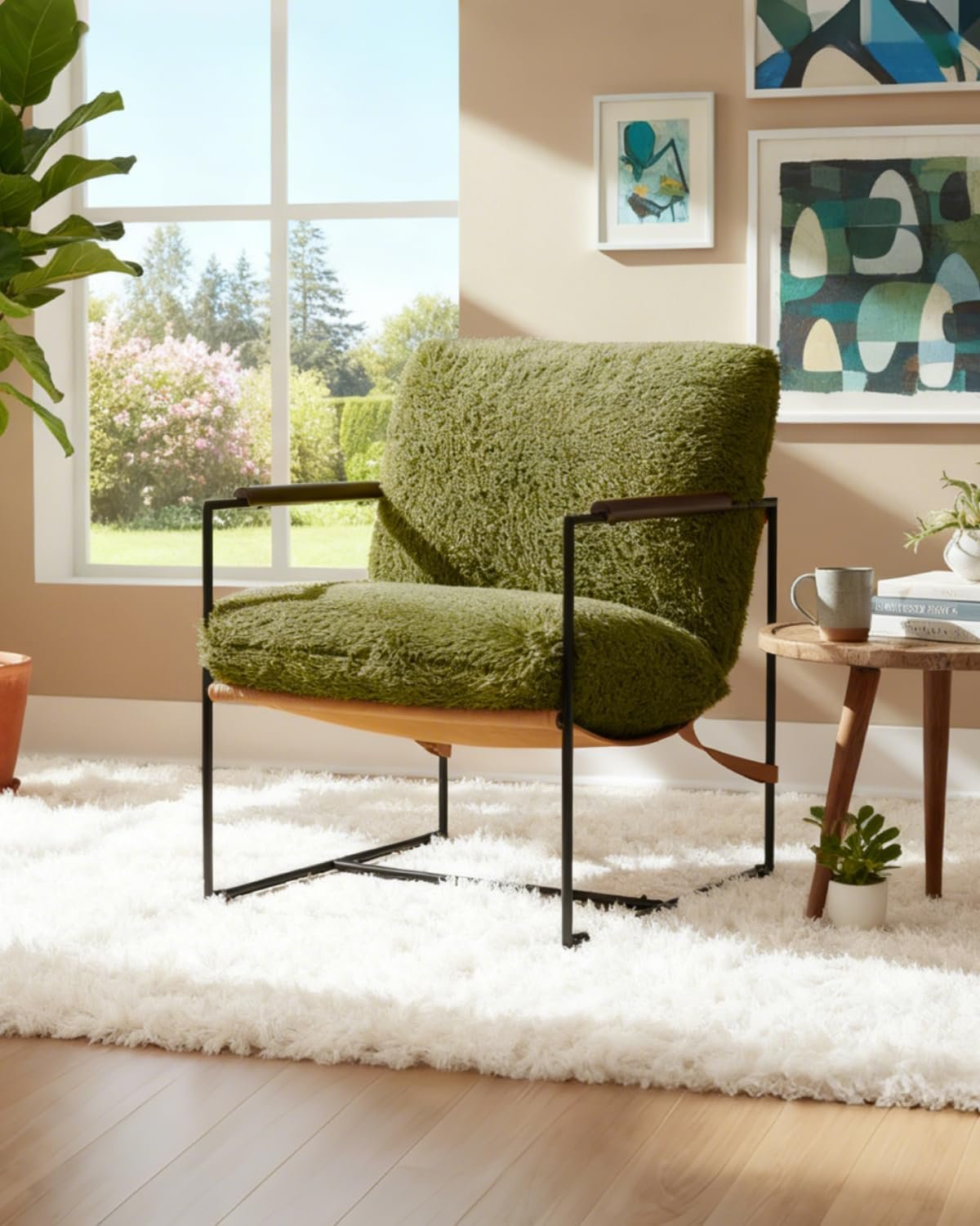 Karl home Modern Accent Chair Plush Fleece Upholstered Living Room Chair with Metal Frame Wooden Armrest Comfy Lounge Armchair for Living Room, Bedroom, Balcony, Reading Room, Green
