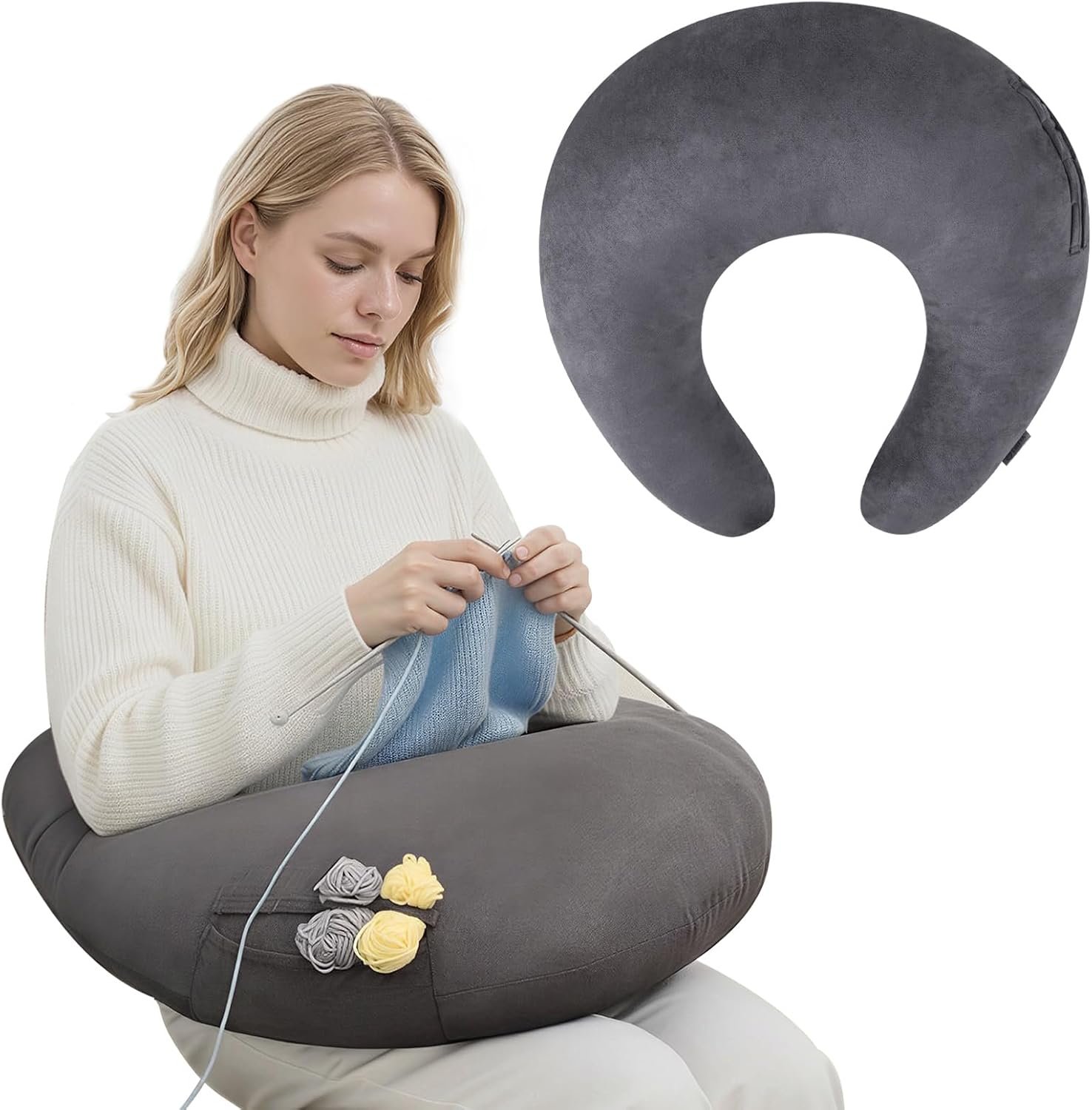 ENITYA U-Shaped Ergonomic Reading & Gaming Pillow with Arm Elbow Support for Adults Kids, Bed Rest Pillow for Crocheting, Knitting & Working, Washable Suede Cover, Grey