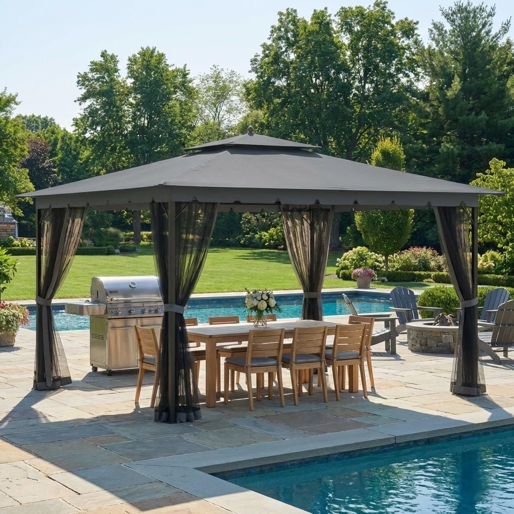 Bezseller 10×12 Outdoor Patio Gazebo with Powder-Coated Metal Frame – Stable Double-Tier Canopy with Zip Mesh Sidewalls for Backyard Dining & Entertaining, Grey