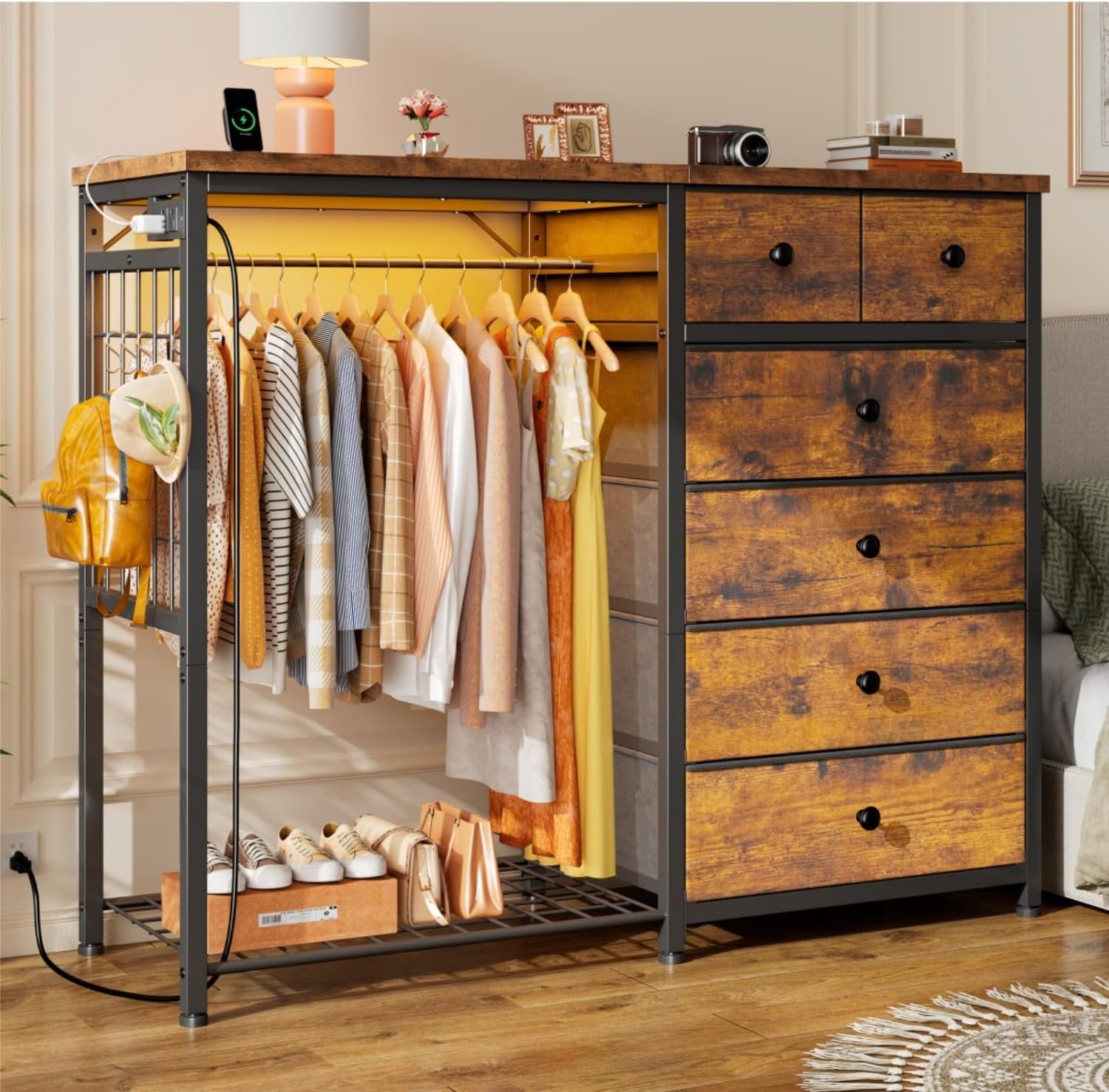 EnHomee 49.2″ W Dresser with Hanging Rack & 6 Fabric Drawers – Wooden Top Organize Unit Featuring LED Lights, Charging Station & Grid Panel & Hooks for Bedroom, Rustic Brown