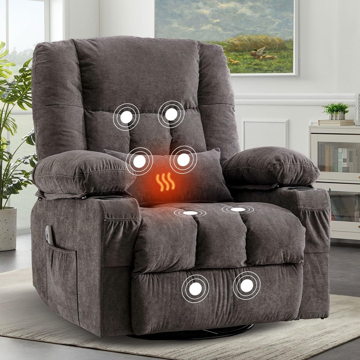 BOSMILLER Oversized Recliner Chair for Adults with Vibration Massage and Lumbar Heating Swivel Rocker Recliner with Cup Holder and USB Charge Port for Living Room