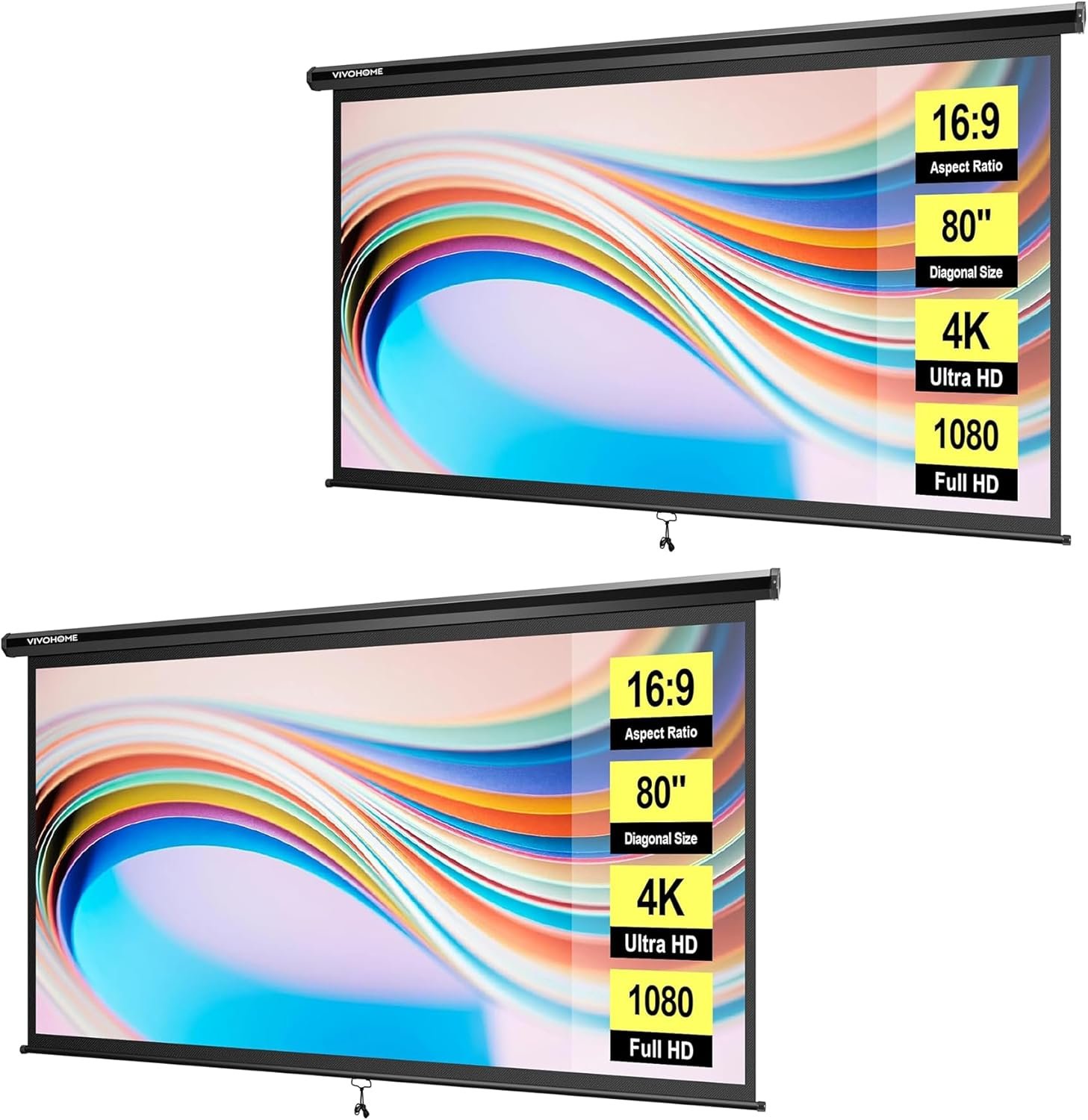 VIVOHOME 80 Inch 16:9 Pull Down Projector Screen, HD 4K Retractable Movie Screen for Indoor Home Theater and Office, Manual Projection Screen with Auto Locking (70Wx40H Inch Display Area) 2 Pack