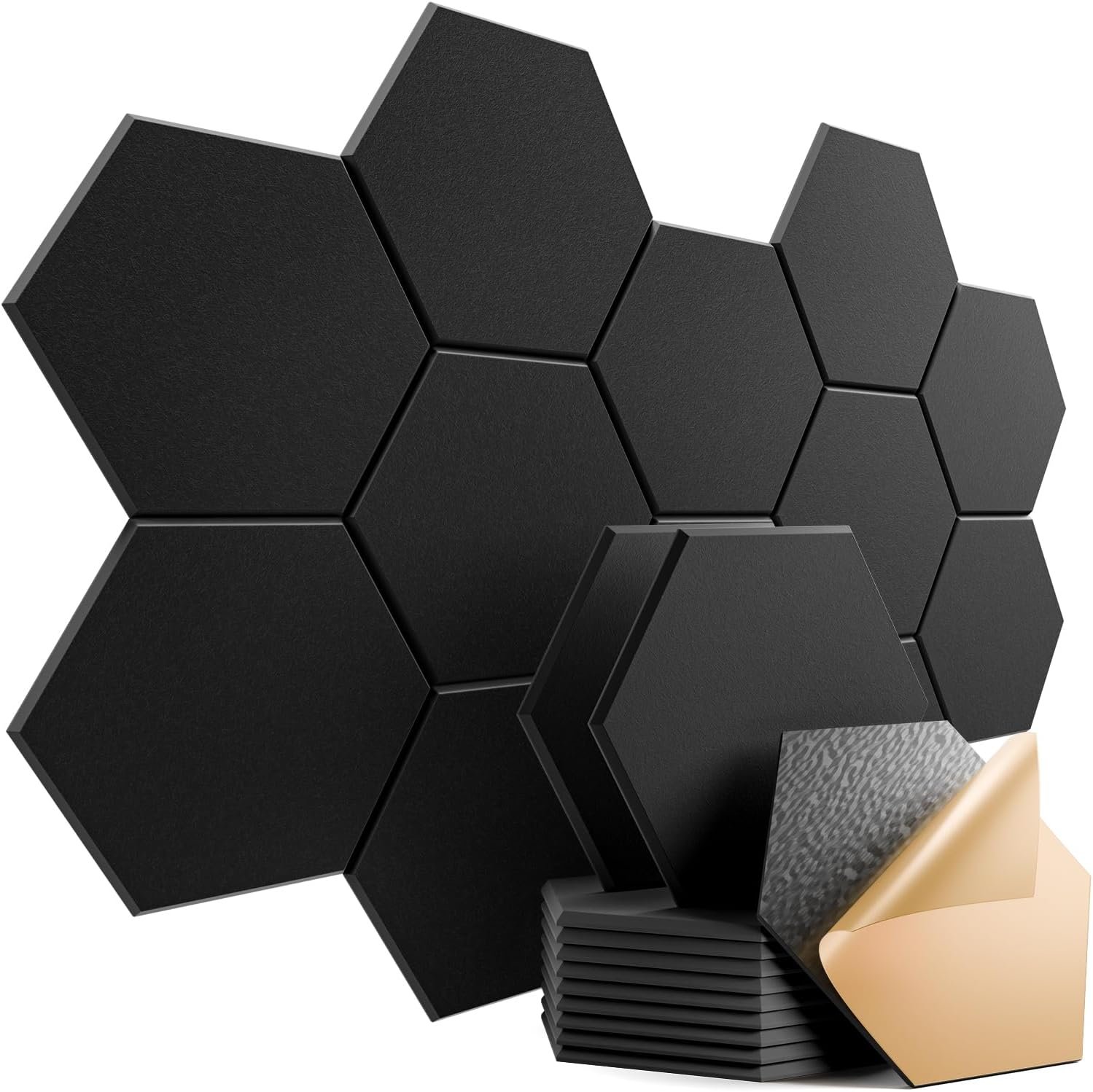 12 Pack Self-Adhesive Acoustic Panels 12″ X 10″ X 0.4″ – Sound Proof Foam Panels with High Density, Stylish Hexagonal Design, Flame Resistant, Absorb Noise and Eliminate Echoes(Black)