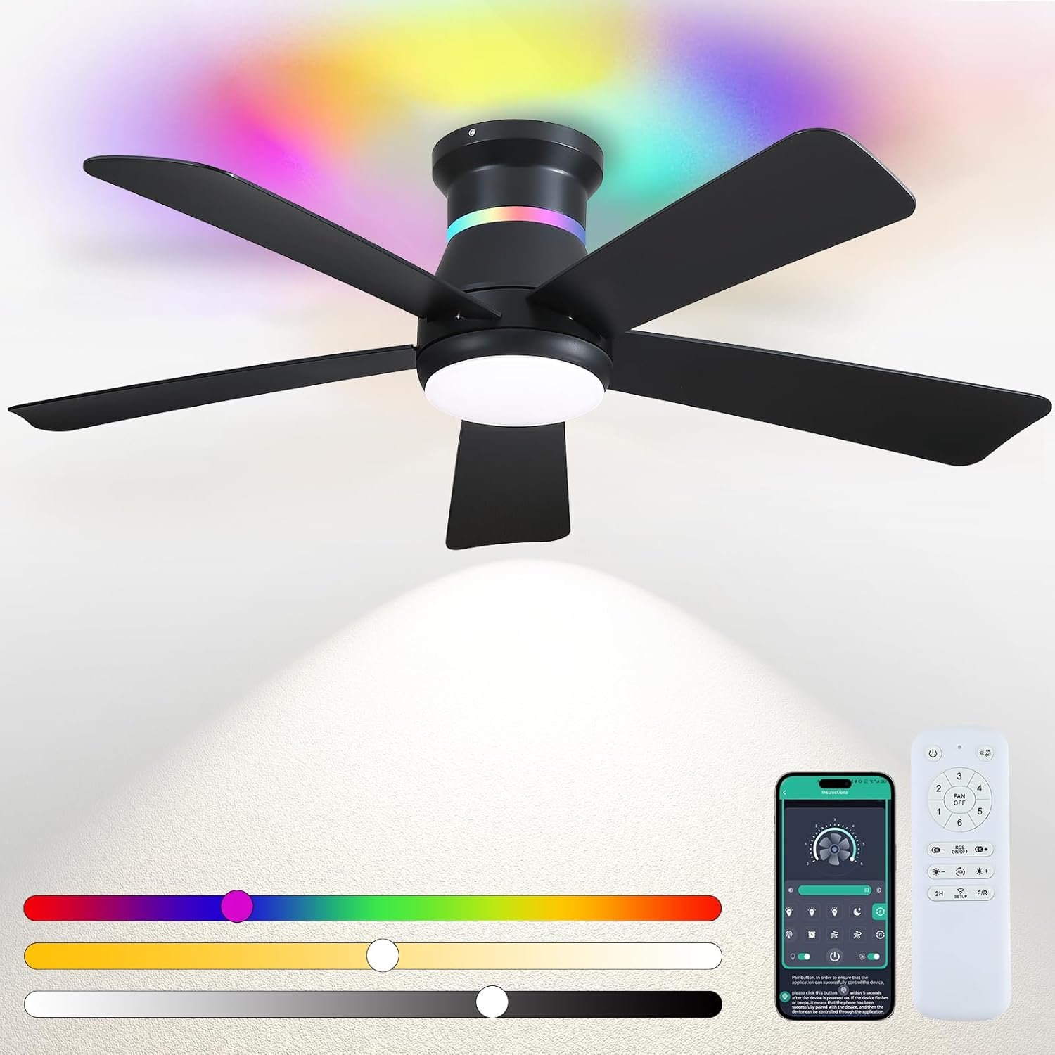 Surtime 46″ Black Ceiling Fans with RGB Lights – Flush Mount Ceiling Fan Light with LED 3CCT Dimmable, Modern Low Profile Ceiling Fans for Indoor Party,Covered Outdoor