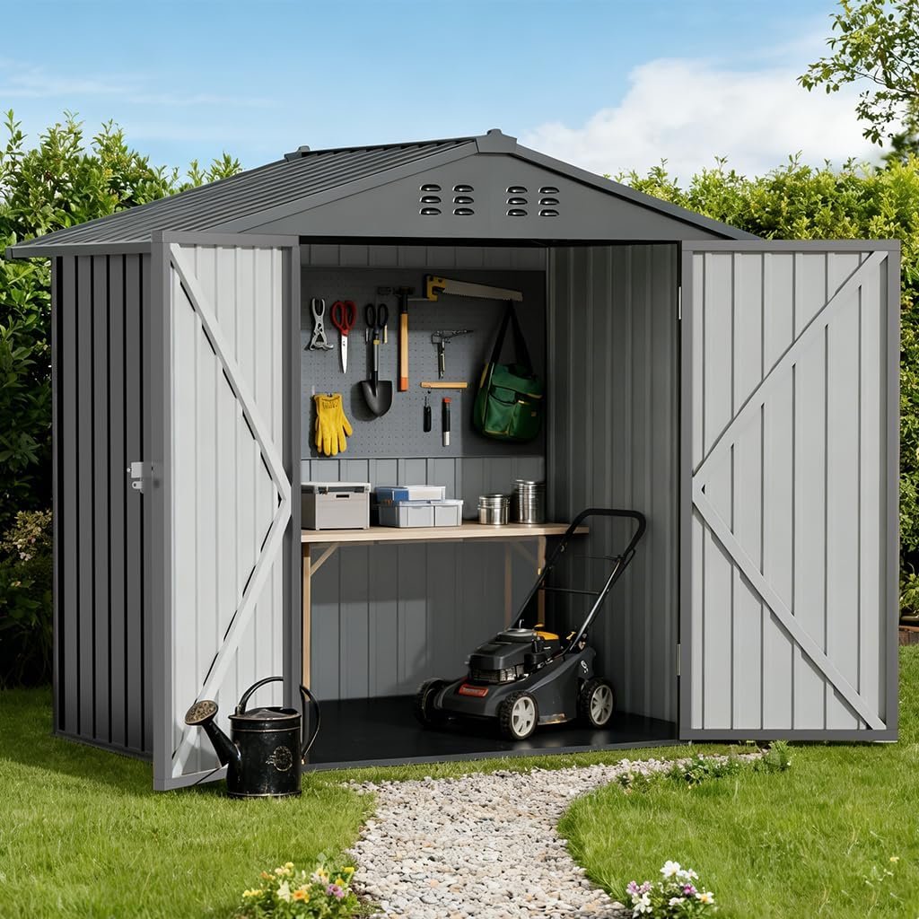 COMHOMA 6’x4′ Shed Outdoor Storage Metal, Weatherproof Garden Utility Tool House with Lockable Doors & Adjustable Shelving, Ventilated Backyard Workshop,Grey