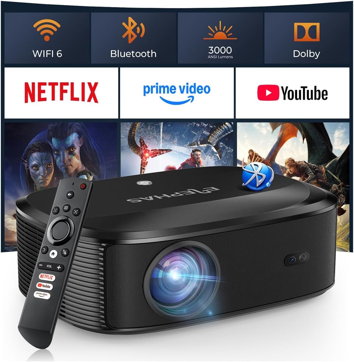 4K Projector with WiFi and Bluetooth – 3000 ANSI Lumens, ELEPHAS Outdoor Movie Projector Compatible with NETFLIX/Prime Video/YouTube, Smart Projector for HDMI/USB/iOS/Android, Portable Home Cinema
