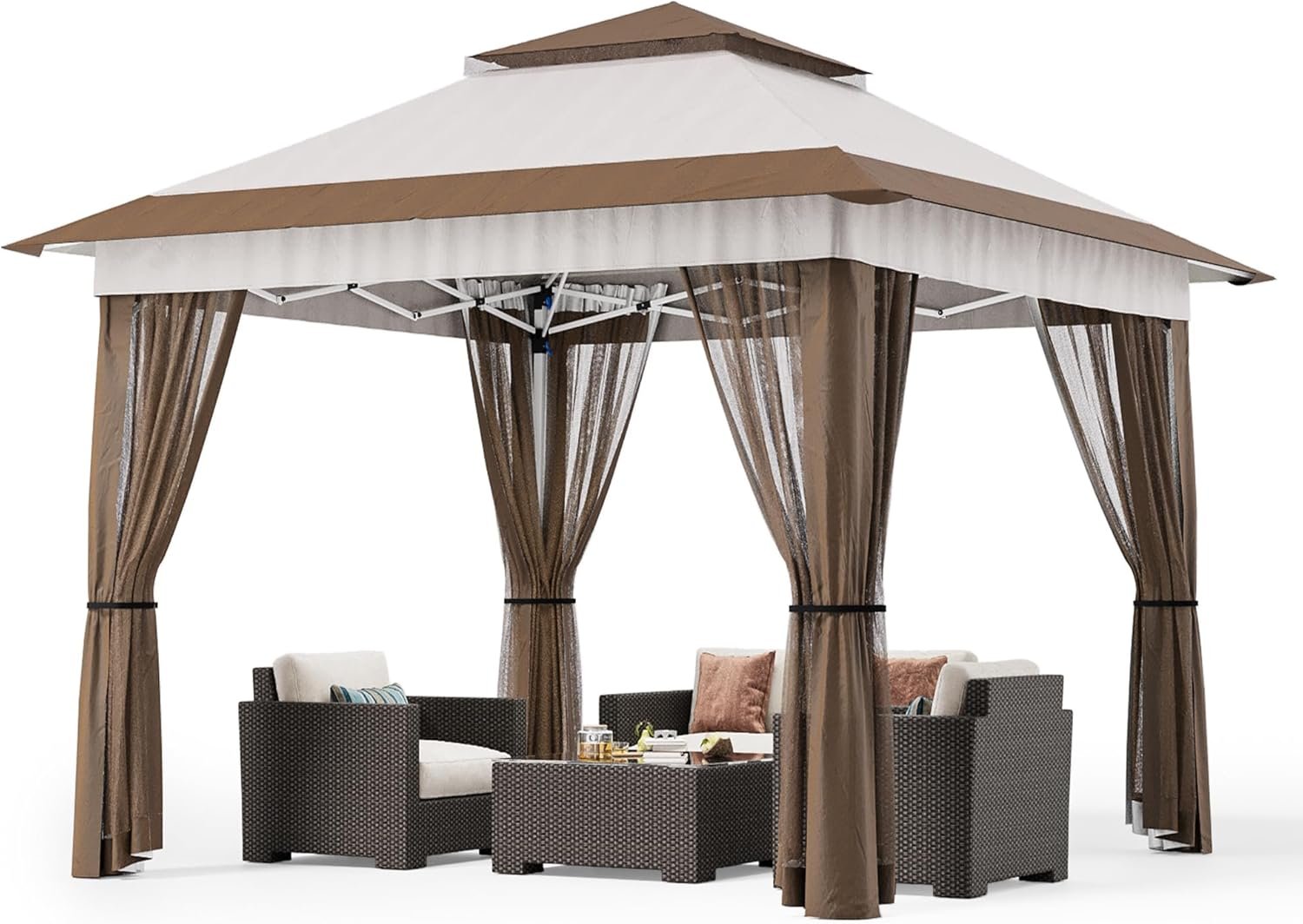 Bealife 11×11 Pop Up Gazebo Tent with Mosquito Netting, Instant Gazebo, Party Tent with Roller Bag, Pop Up Canopy Tent for Parties Patio Lawn Backyard Garden Deck, Beige