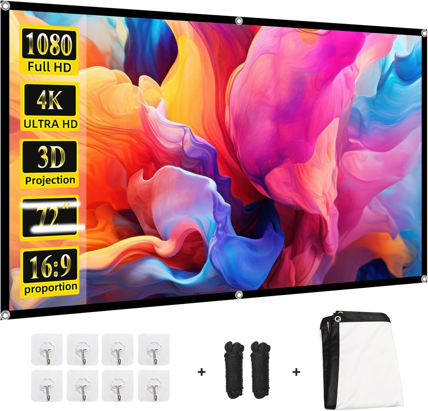 Projector Screen 72 inch，Portable Movie Projector Screen 16:9 HD Indoor Outdoor Double Sided Rear Projection Screen Video for Home, Party, Office, Classroom