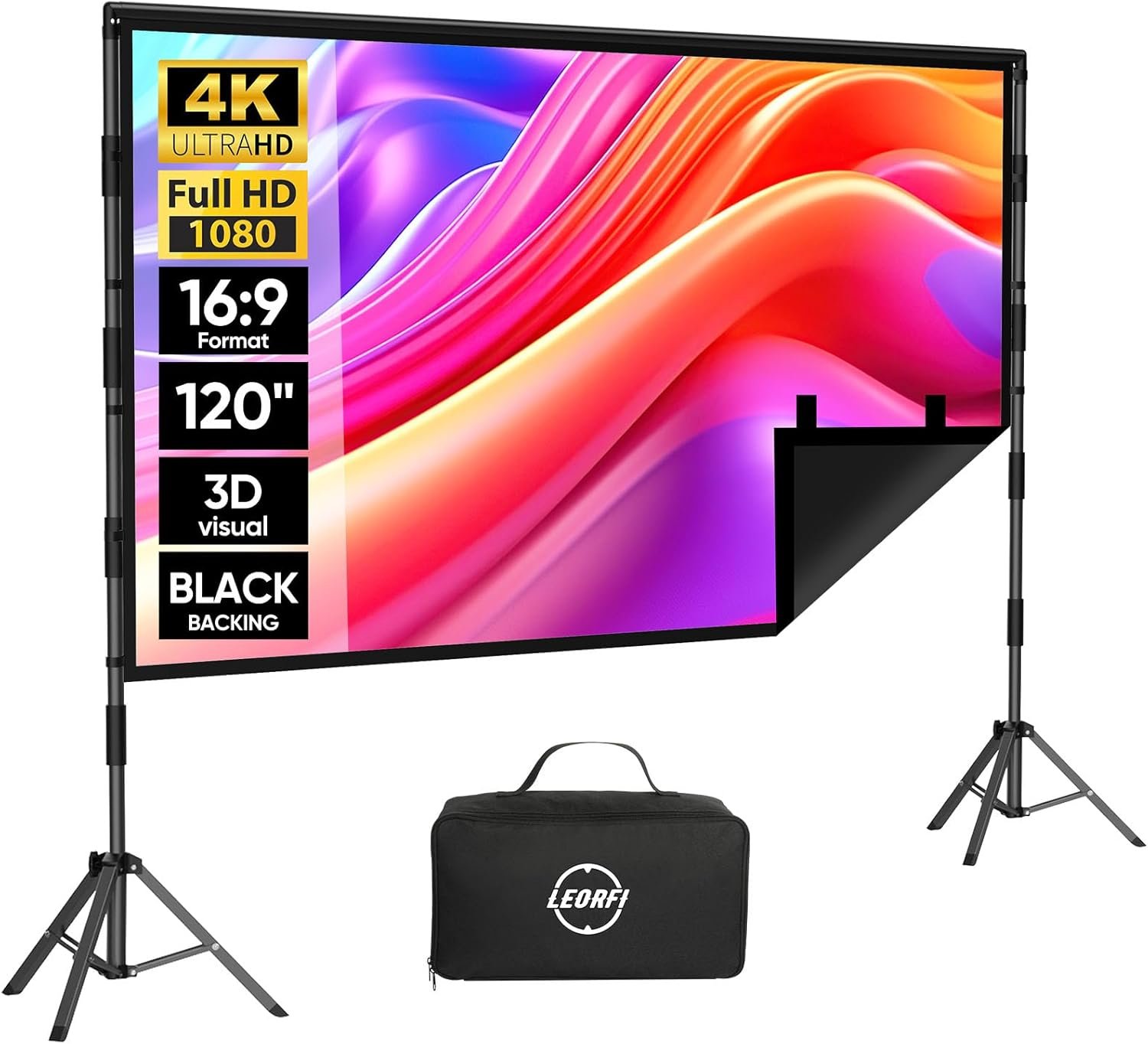 Outdoor Projector Screen with Stand: LEORFI 120 inch Black Backing Projection Screen Indoor – Upgraded Movie Screen 16:9 4K HD – Wrinkle-Free Lightweight Movie Screen with Carry Bag for Backyard Night