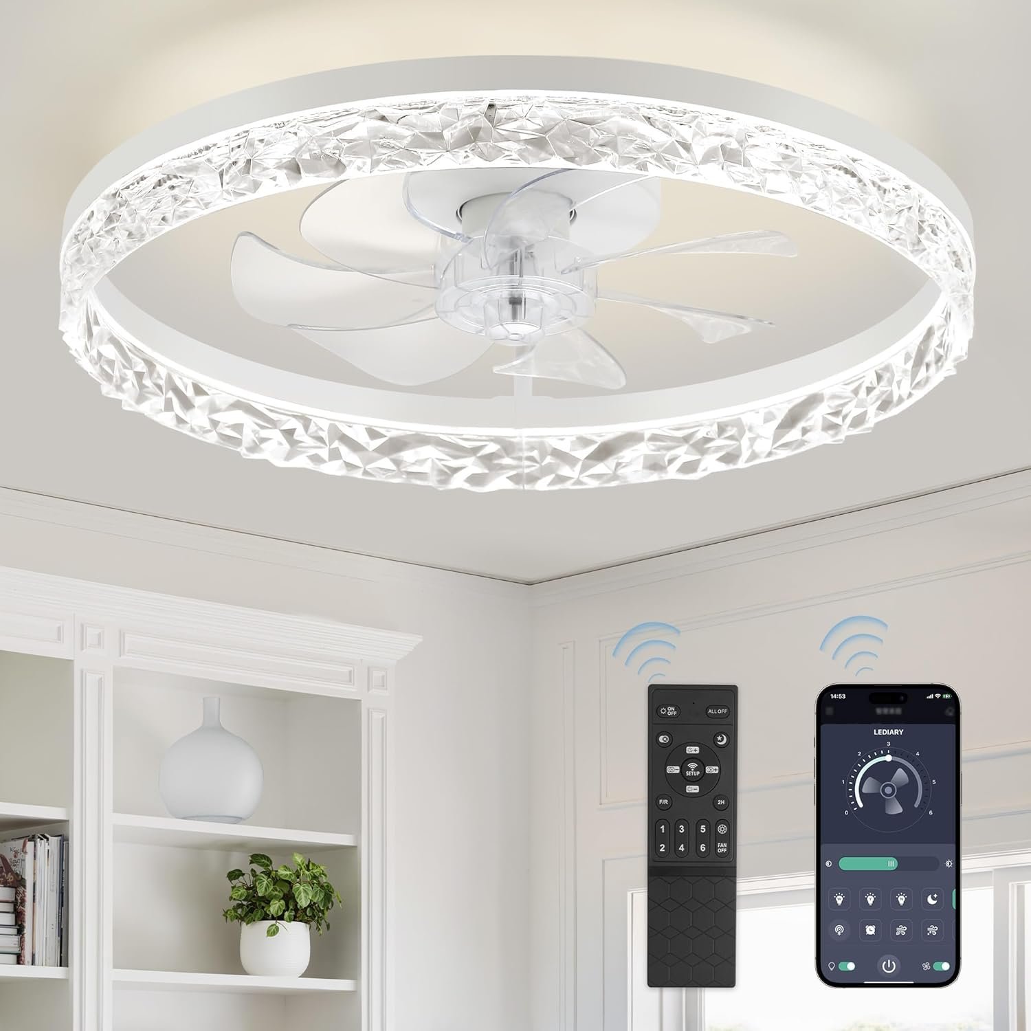 LEDIARY 20″ Modern Ceiling Fans with Lights and Remote, Dimmable Low Profile Ceiling Fan, Flush Mount Ceiling Fan, Stepless Color Temperature Change and 6 Speeds – White