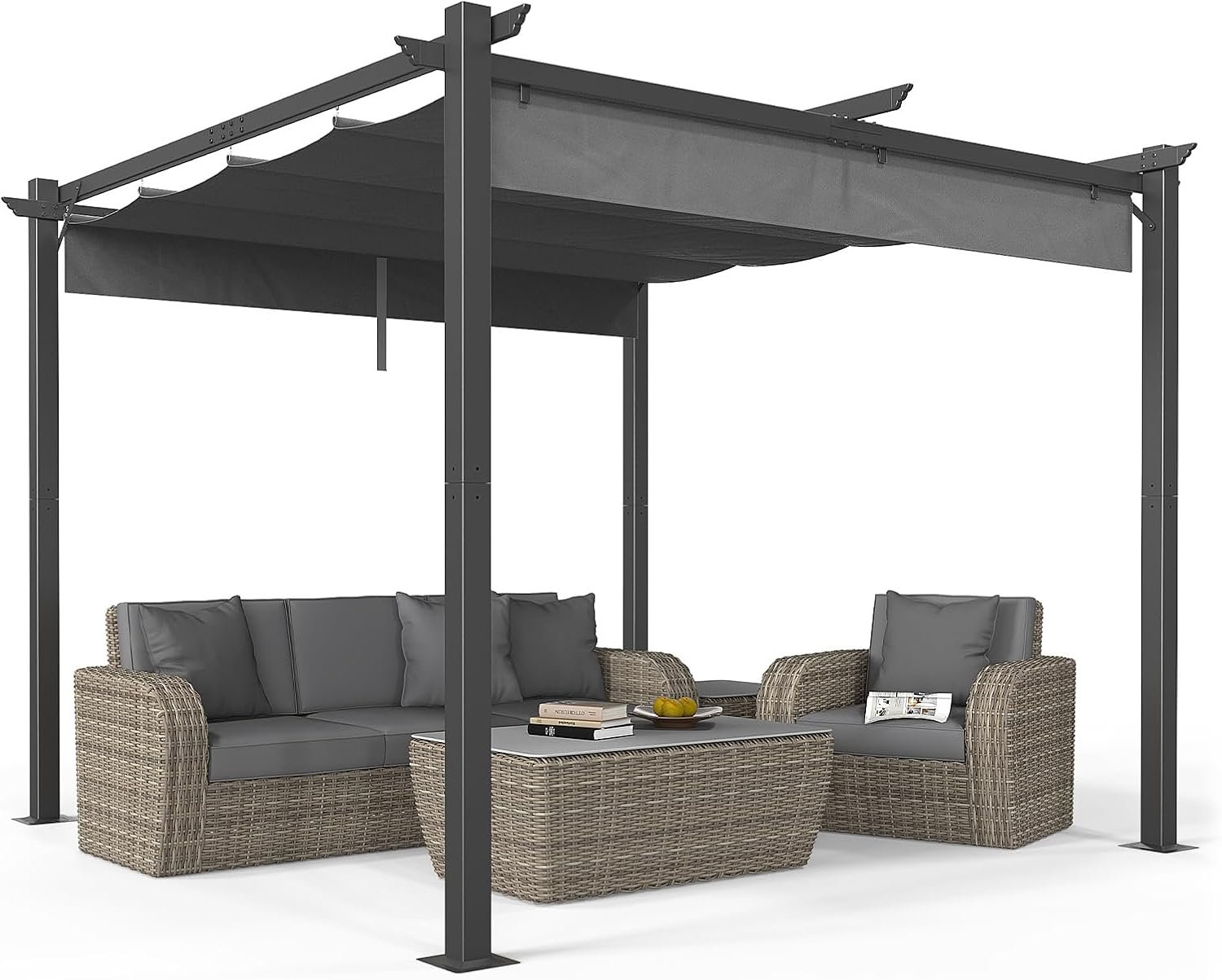 VINGLI 10’x 10′ Outdoor Pergola Retractable Aluminum Pergola Canopy with Adjustable Roof, Patio Pergola for Deck, Porch, Garden, Yard (Gray)