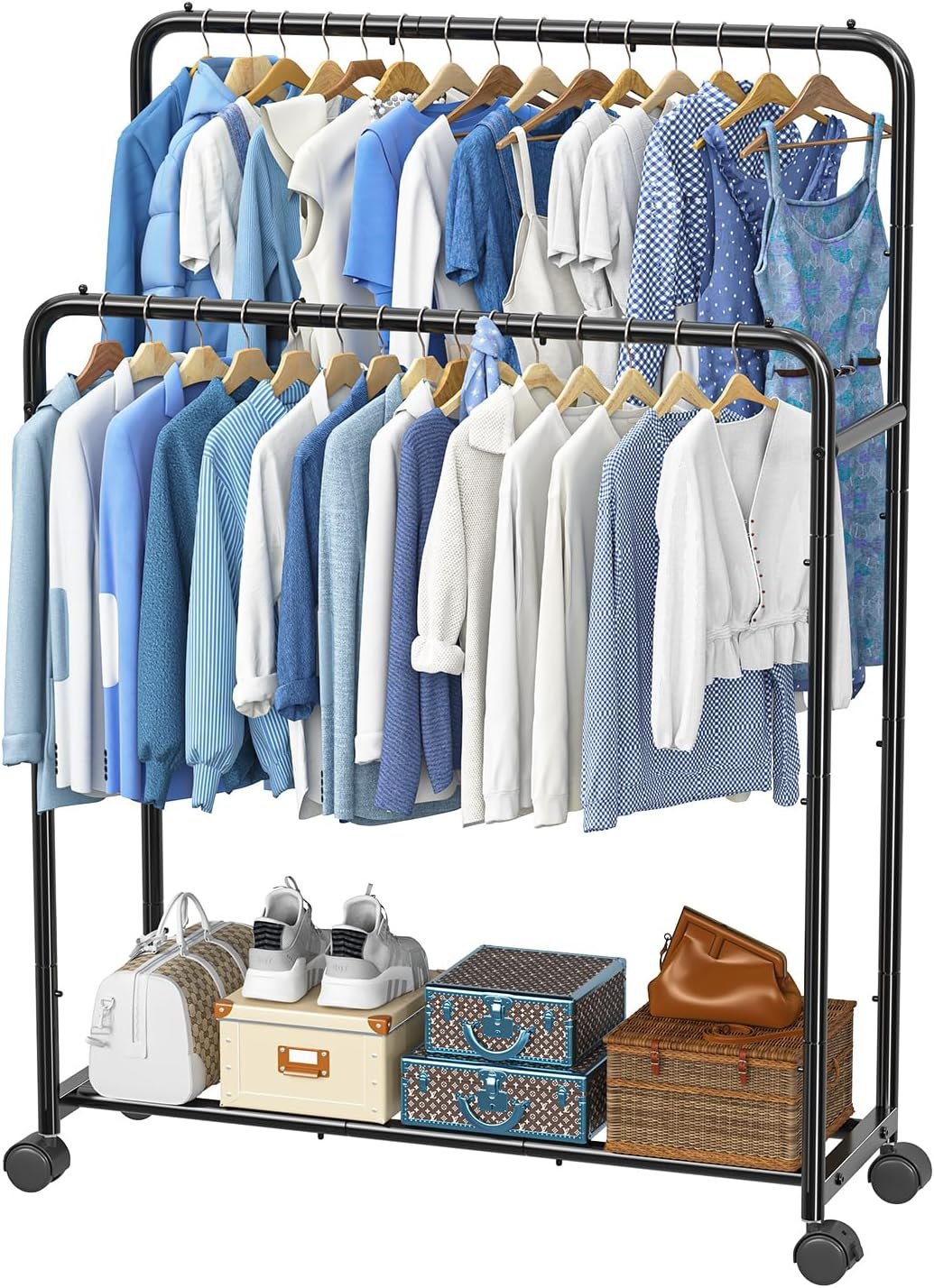 Simple Trending Clothing Clothes Rack Double Rods with Wheels, Rolling Metal Garment Rack for Hanging, Black