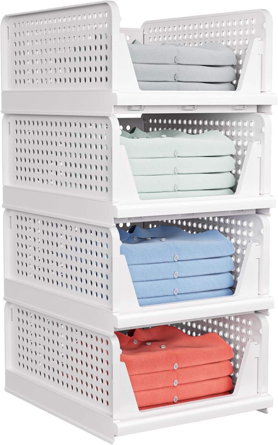 caktraie 4 Pack Stackable Closet Storage Basket – Stackable Storage Bins, Multifunctional & Foldable Closet Organizer Divided, Wardrobe Cupboard Space-Saving Clothes Storage Hat Organizer, White