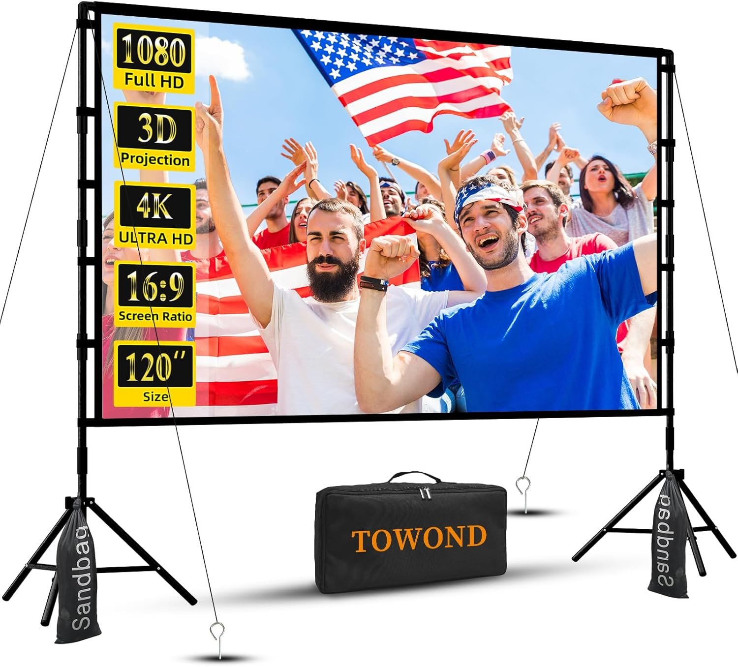 Outdoor Projector Screen with Stand, TOWOND 120 inch Projection Screen, Movie Screen 16:9 HD Foldable Anti-Crease Support Double Sided with Carry Bag for Outdoor Indoor