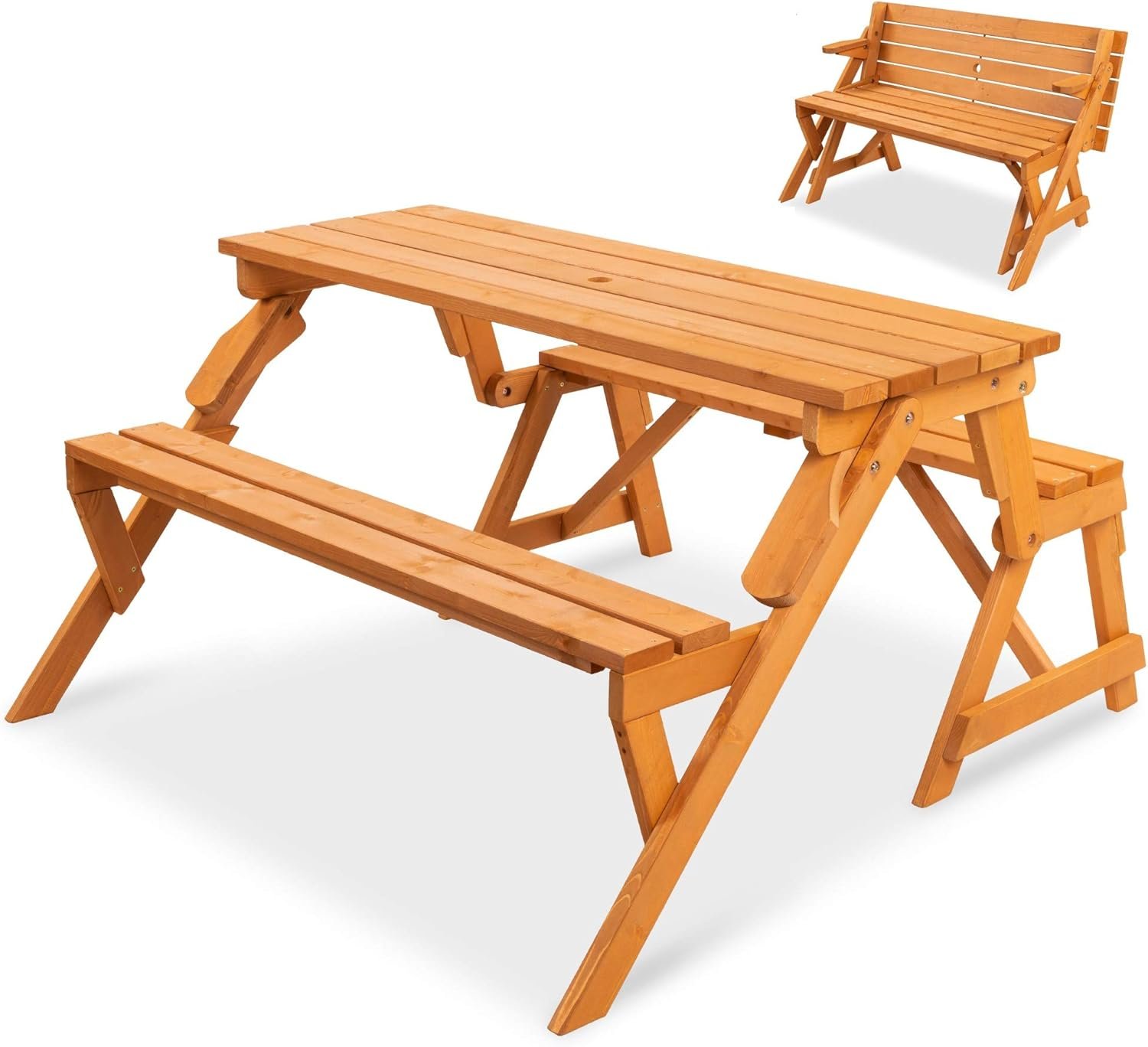 Best Choice Products 2-in-1 Transforming Interchangeable Outdoor Wooden Picnic Table Garden Bench for Backyard, Porch, Patio, Deck w/Umbrella Hole – Natural