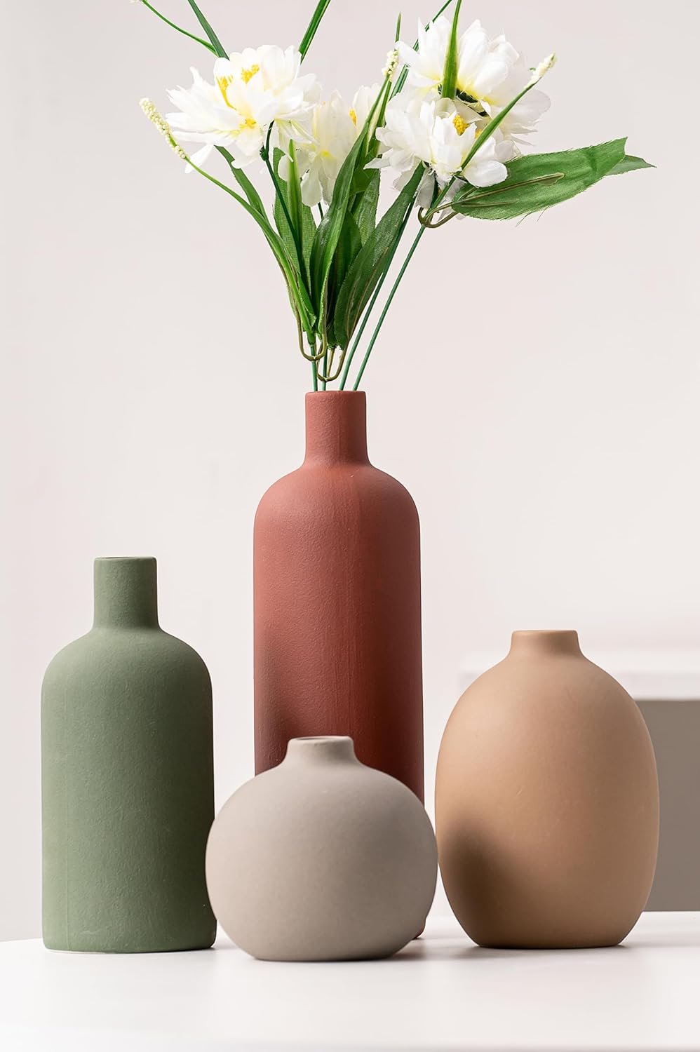 Ceramic Flowers Vase Set of 4, Elegant Multicolor Home Decorative Small Vases for Table, Centerpieces, Shelf (Red/Green/Brown)