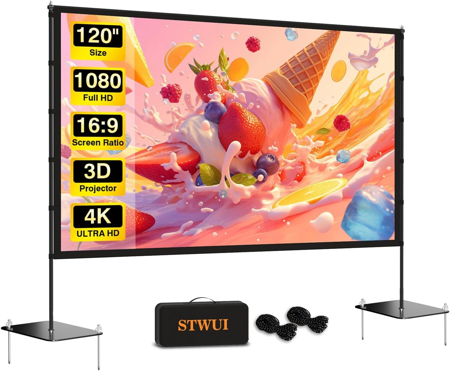 STWUI Outdoor-Projector-Screen-with-Stand – 120 inch Portable Projection Screen Indoor Outdoor Projector Screens 16:9 4K HD Lightweight Movie Screen with Carry Bag for Backyard Movie Night