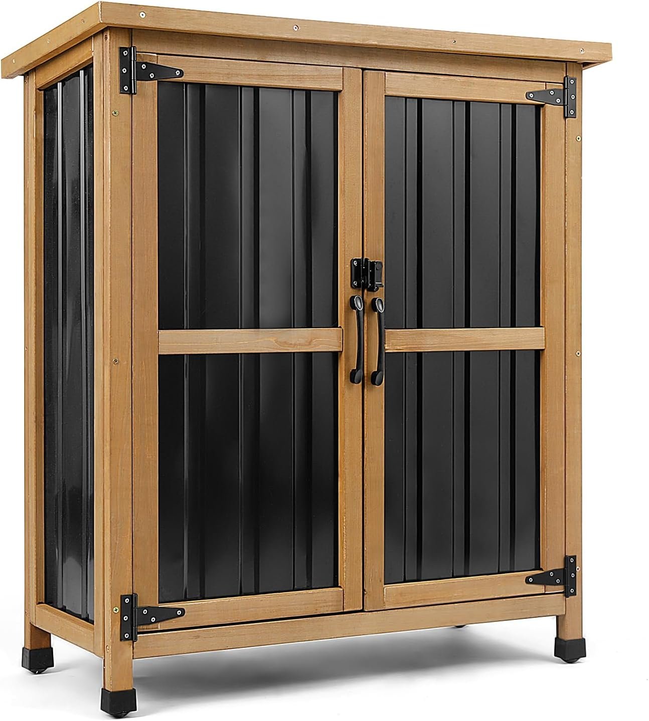 PetsCosset Weatherproof Outdoor Storage Cabinet with Lockable Doors, Wood & Metal Garden Storage Shed Patio Storage Box for Tools & Lawn Equipment, Pool Accessories