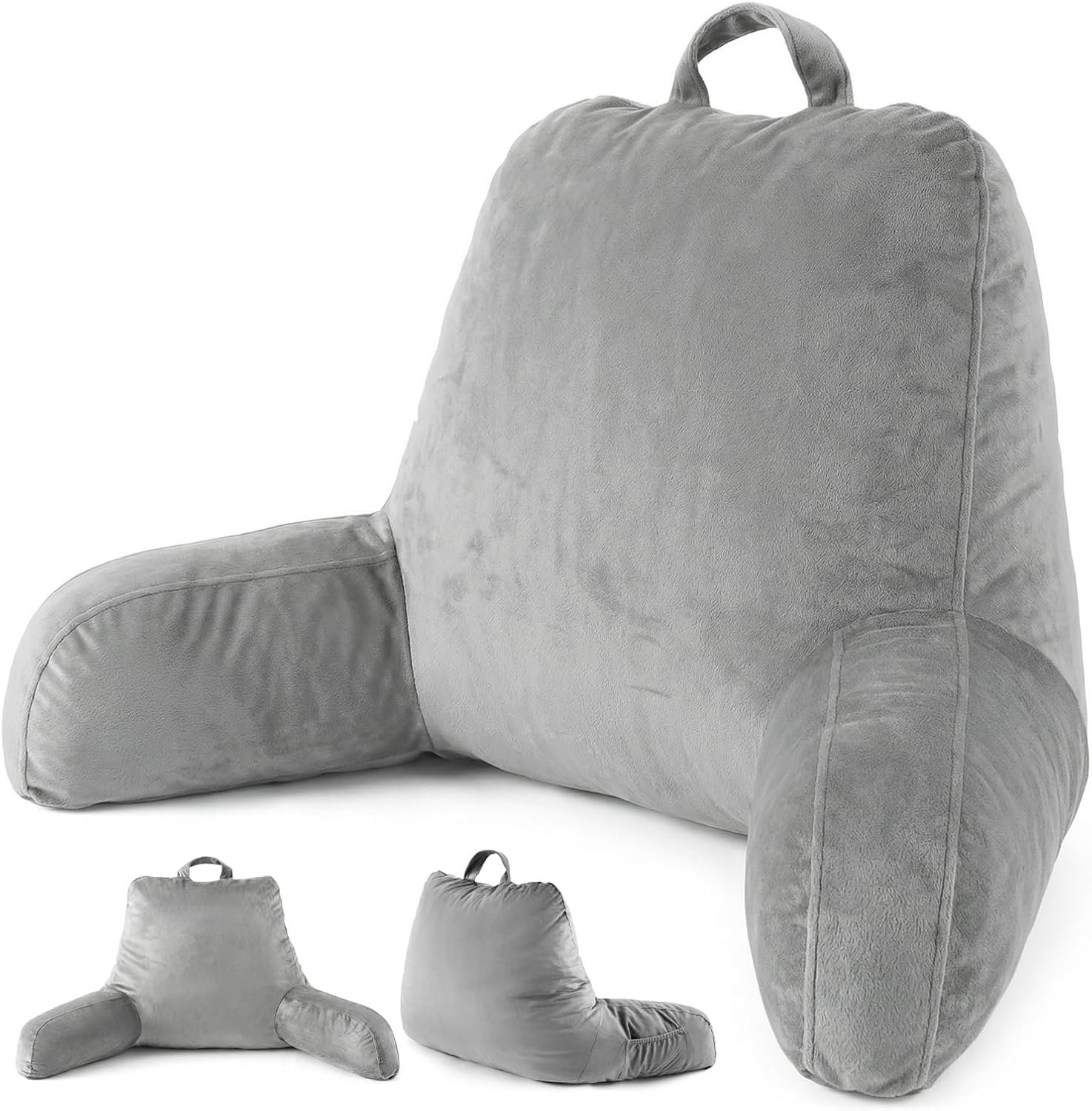 ACH Reading Pillow with Arms for Adults – Adjustable Memory Foam Bed Rest Pillow, Lumbar & Neck Back Support, Soft Velvet Cover Machine Washable, Deep Side Pocket & Carry Handle, Grey