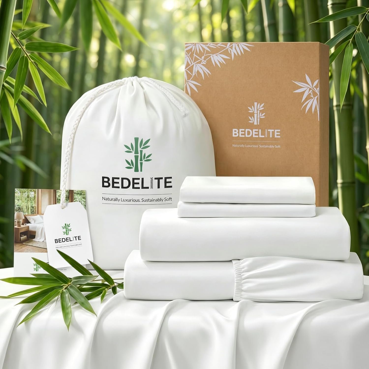 BEDELITE Bamboo Viscose Sheets – 100% Organically Grown, Up to 18″ Deep Pocket Queen Sheet Set, All Round Elastic & Corner Straps, Luxury Silky Soft Cooling Sheets for Hot Sleepers, 4 Pieces, White