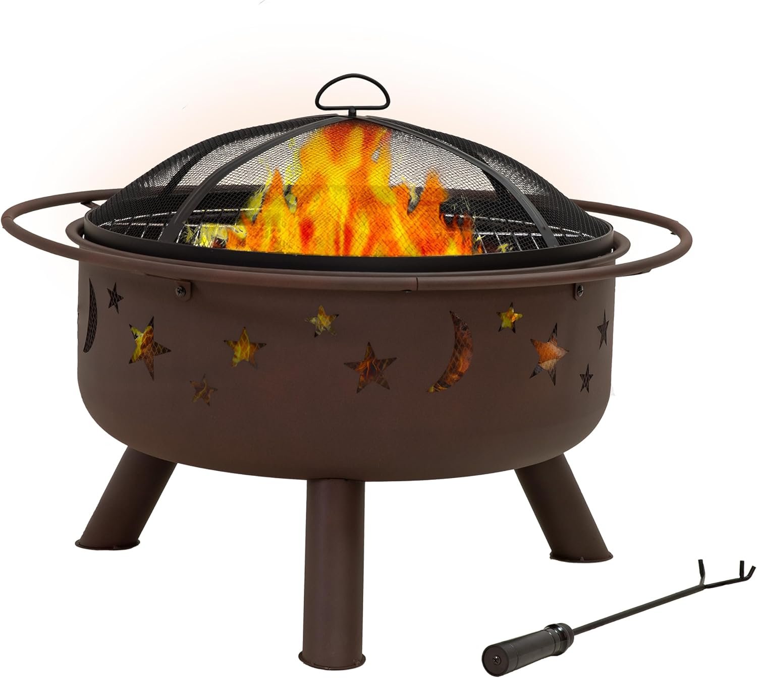 Sunnydaze Cosmic 30-Inch Outdoor Fire Pit with Grill Grate, Spark Screen, and Fireplace Poker – Round Steel Metal Wood-Burning Outside Firepit for Patio, Backyard, Porch, Deck – Bronze