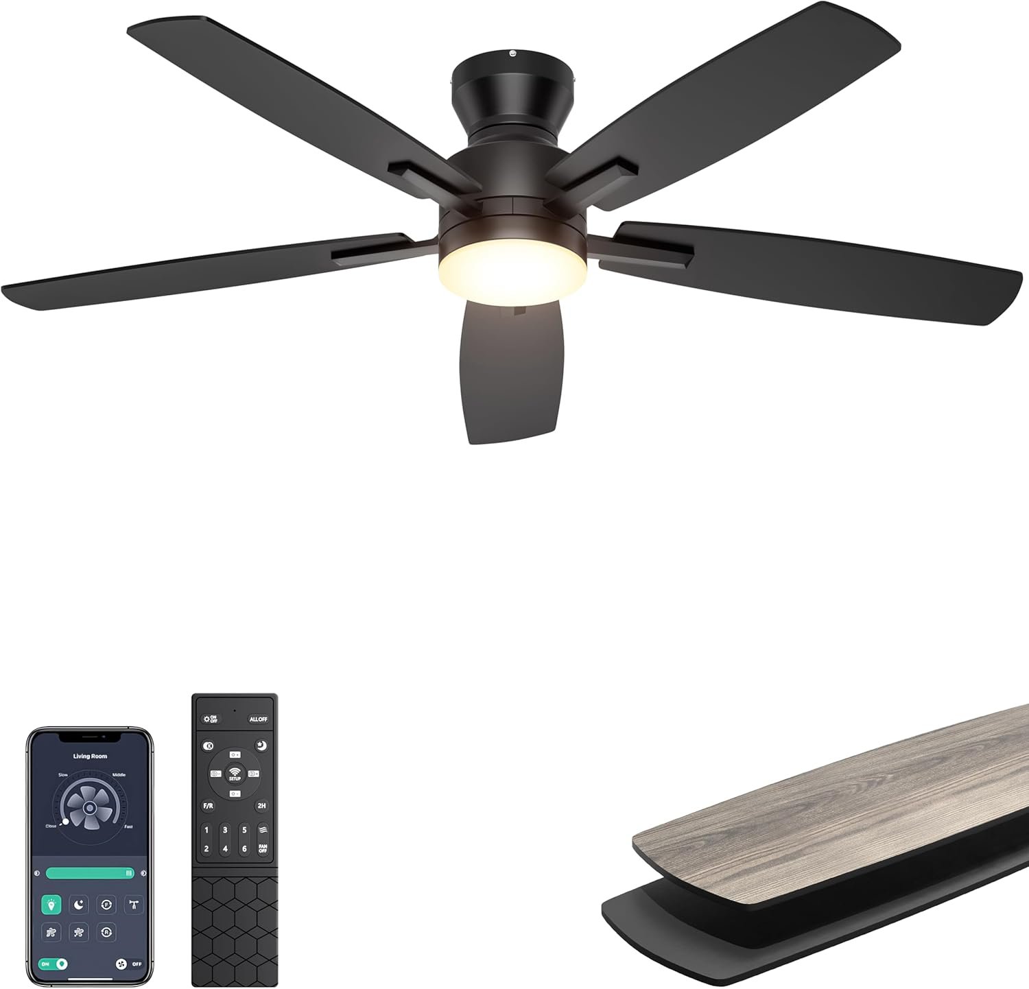 Ohniyou Ceiling Fans with Lights, 52” Low Profile Ceiling Fan with Light and Remote/APP Control, Modern Flush Mount Ceiling Fan for Indoor Bedroom Living Room, Dimmable, Quiet DC Motor, Black
