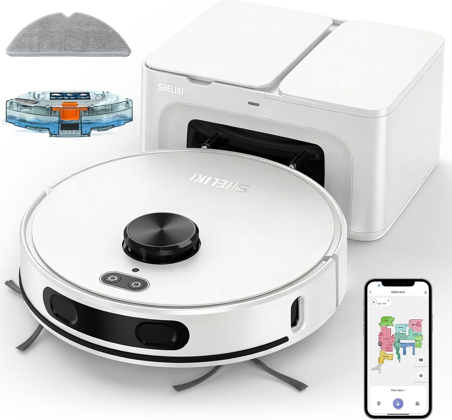 SHELIKI Robot Vacuum and Mop Combo, 3-in-1 Robotic Vacuums Cleaner Moping with 70-Day Self-Emptying Base, LiDAR Navigation Smart Mapping & Strong for Pet Hair, Hard Floor, Carpet